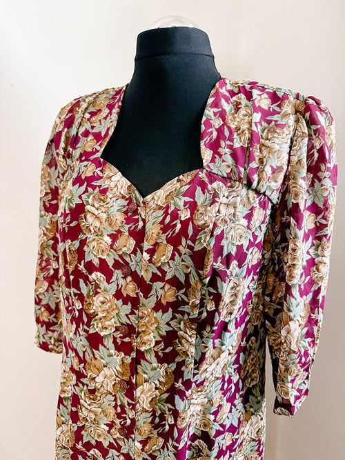 80s Floral Semi Sheer Button Up Dress
