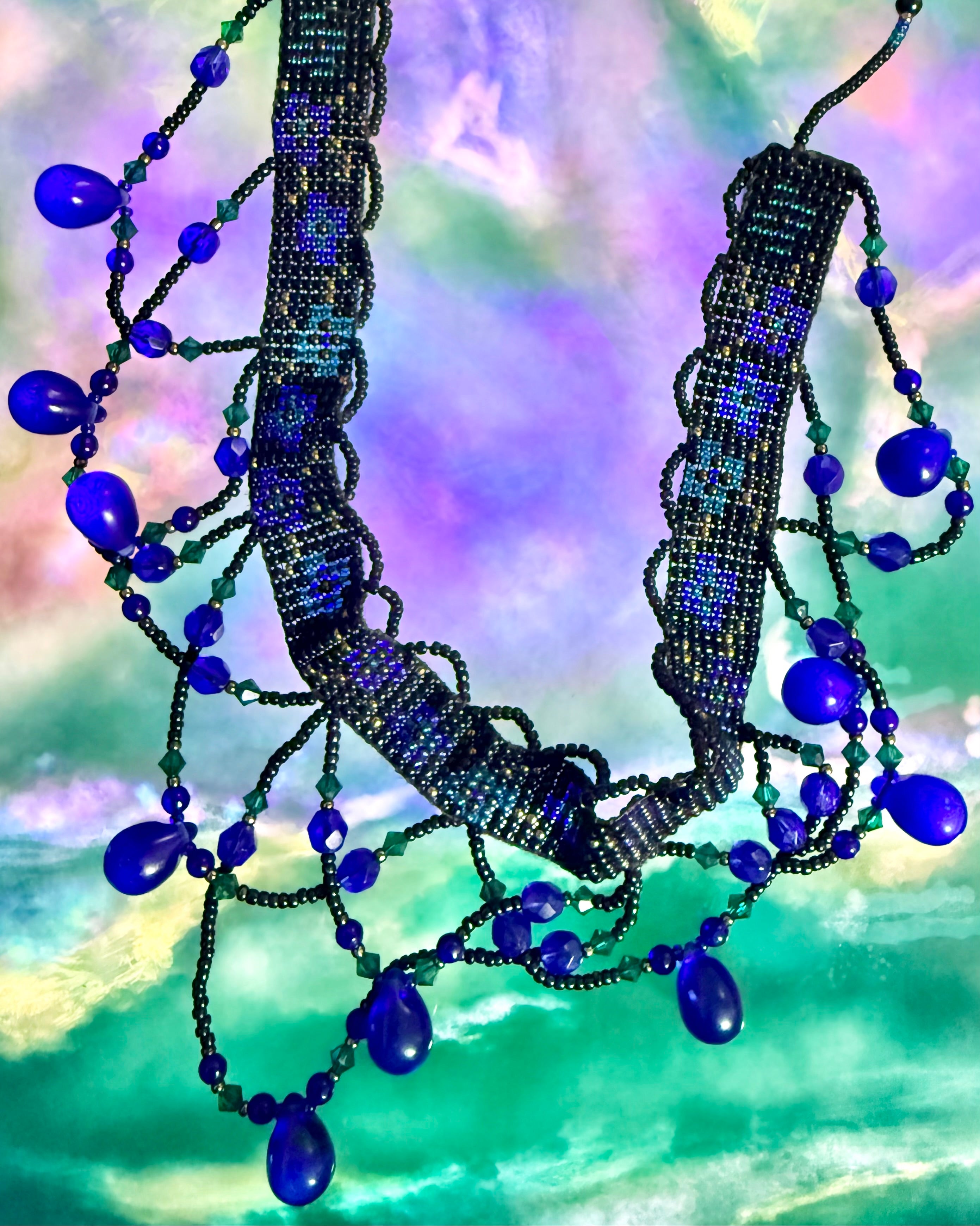 Vintage Handwoven Beadwork Statement Collar Teardrop Necklace