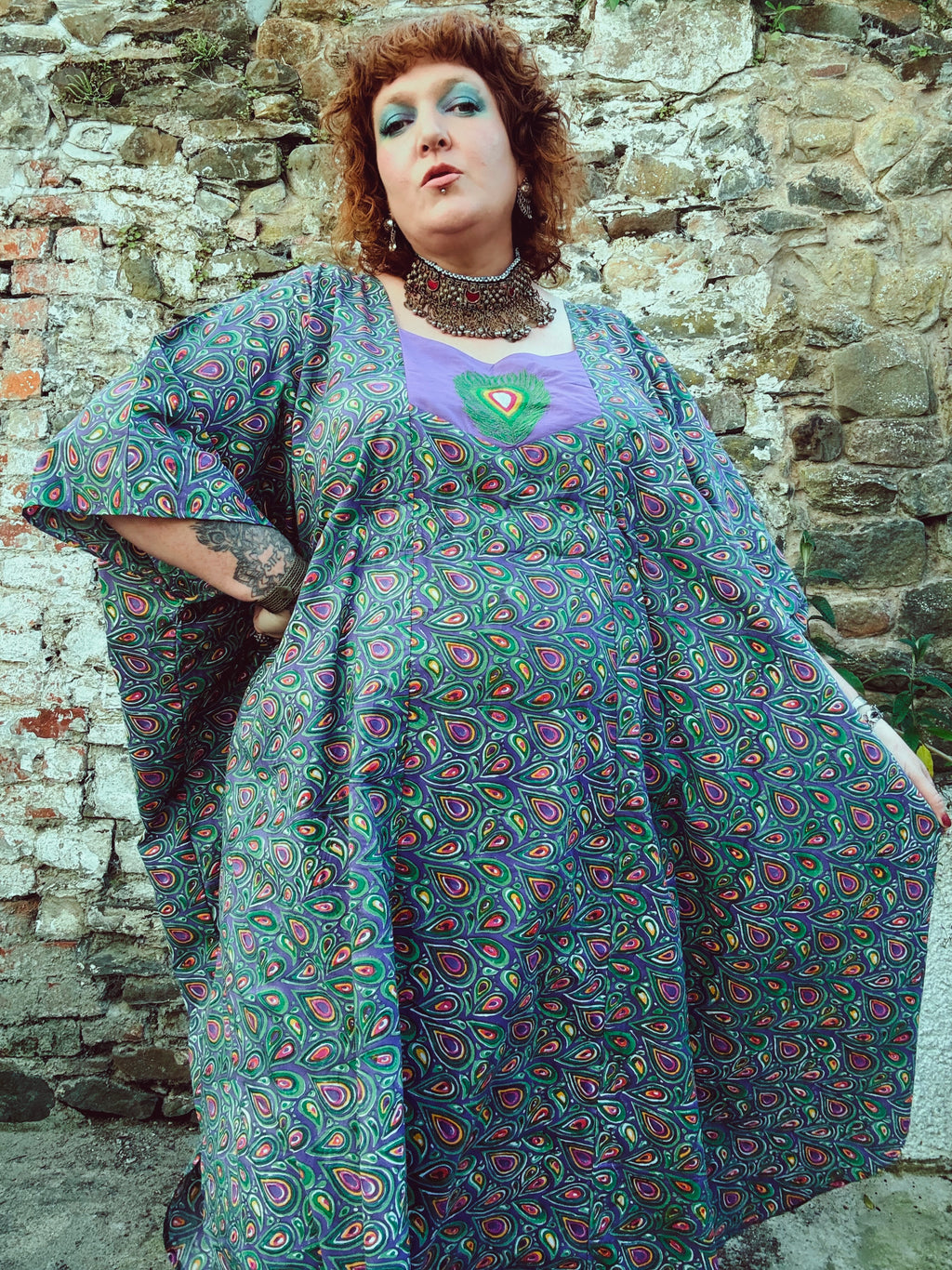 Peacock Maiden Block Print & Embroidered Kaftan