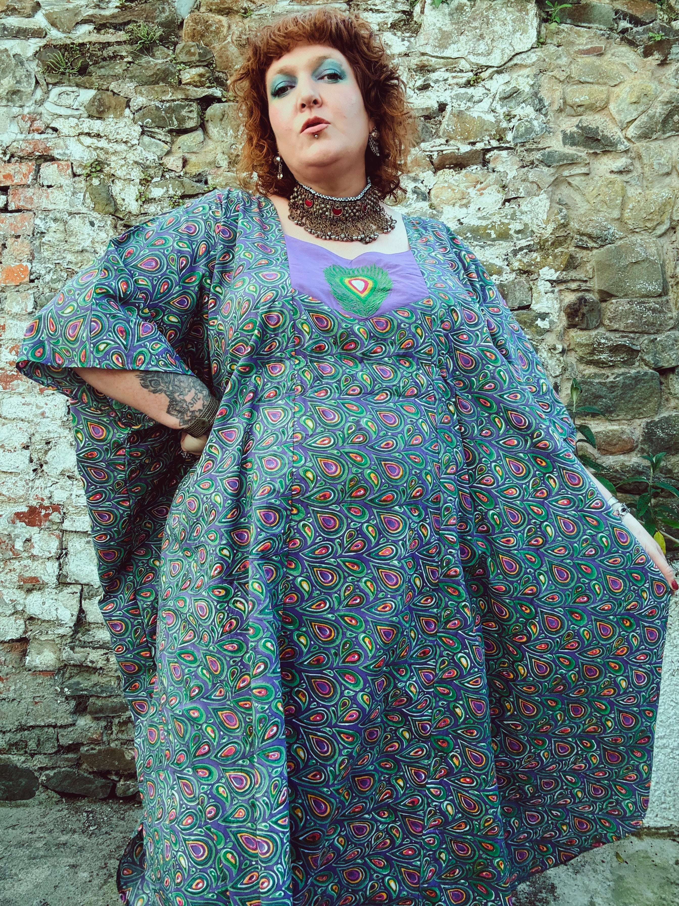 Peacock Maiden Block Print & Embroidered Kaftan