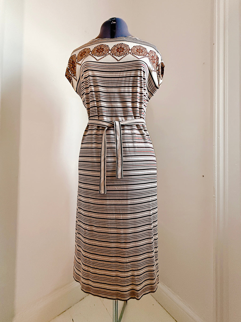 70s Ornate & Striped Midi Dress