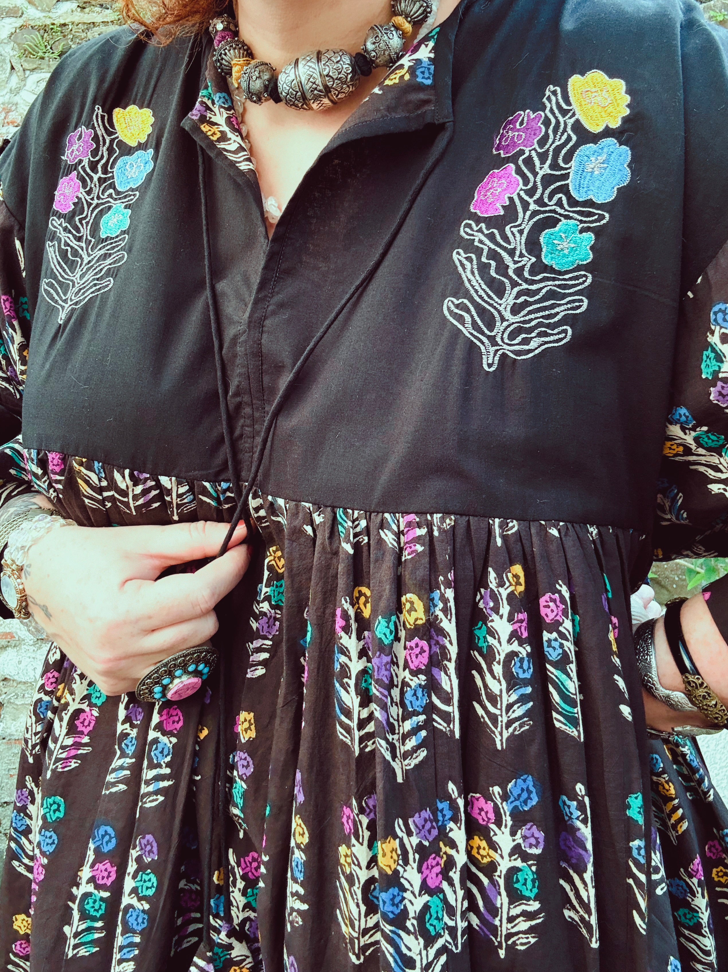 Dopamine Queen Block Print & Embroidered Smock Dress