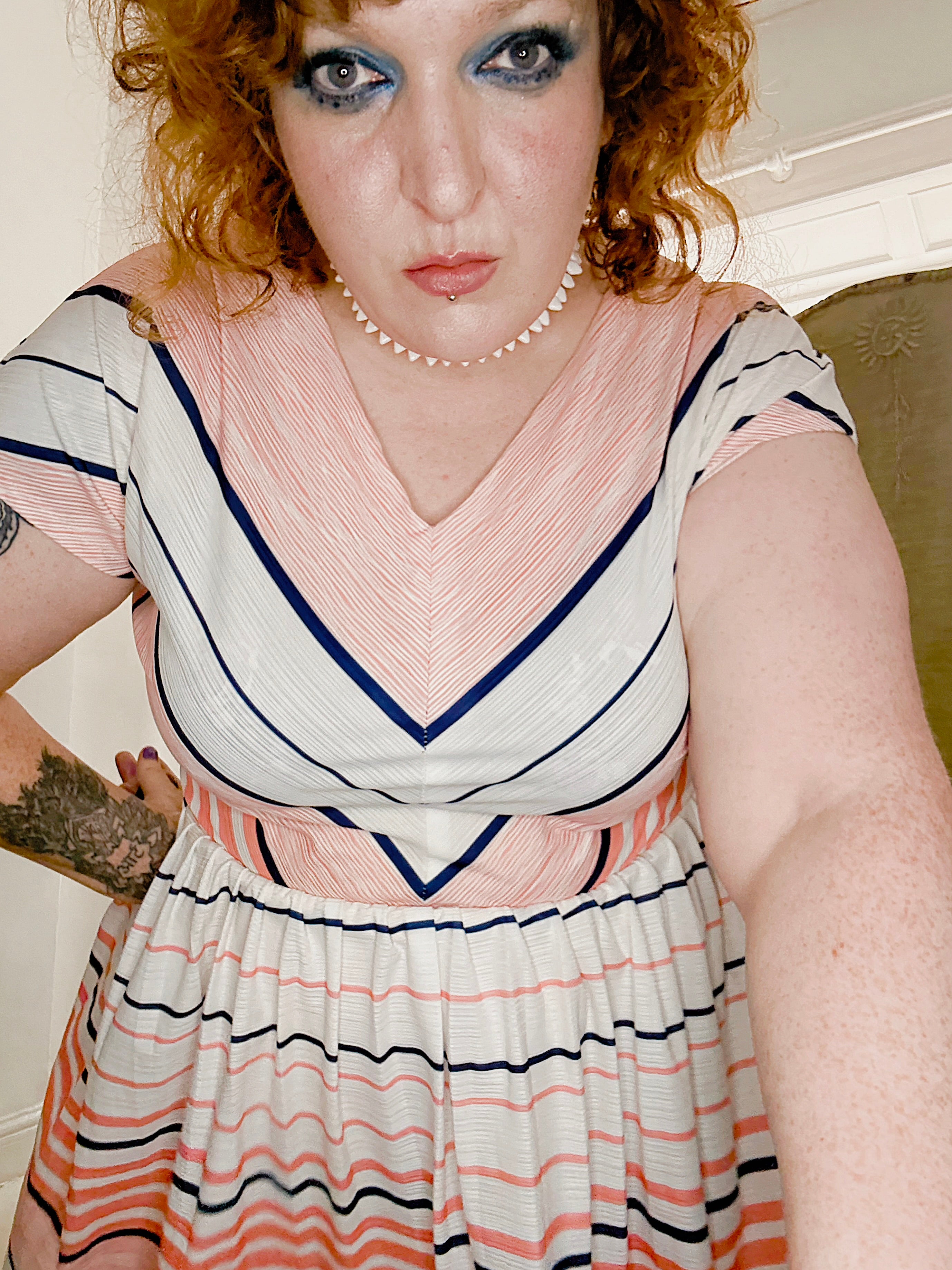 80s Peach & White Stripe Dress