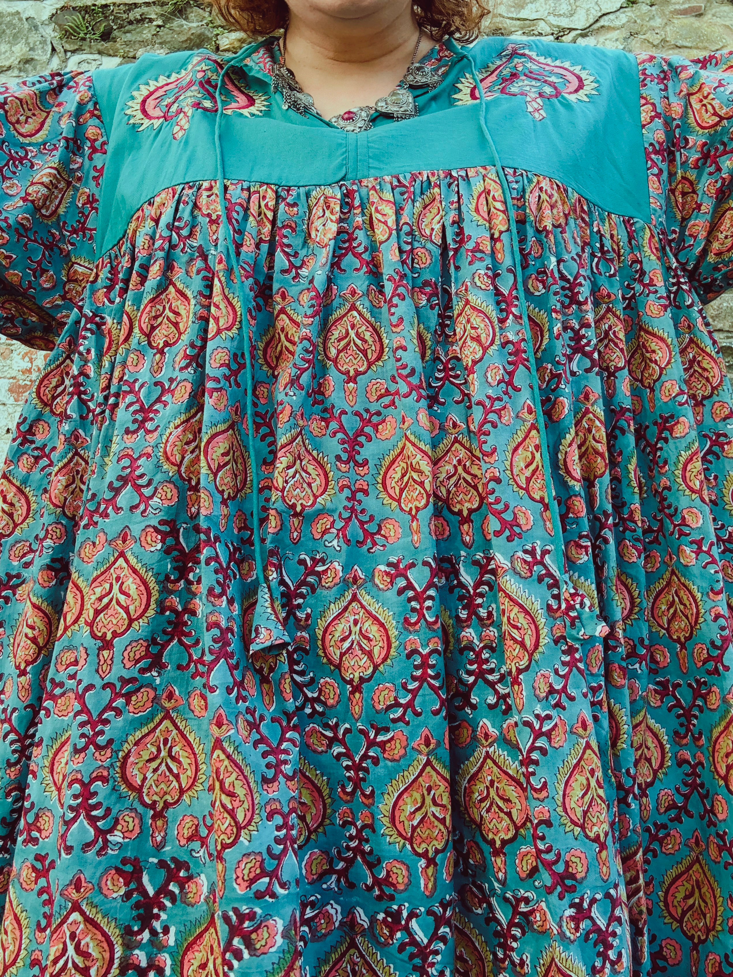 Heart Crafter Block Print & Embroidered Smock Dress