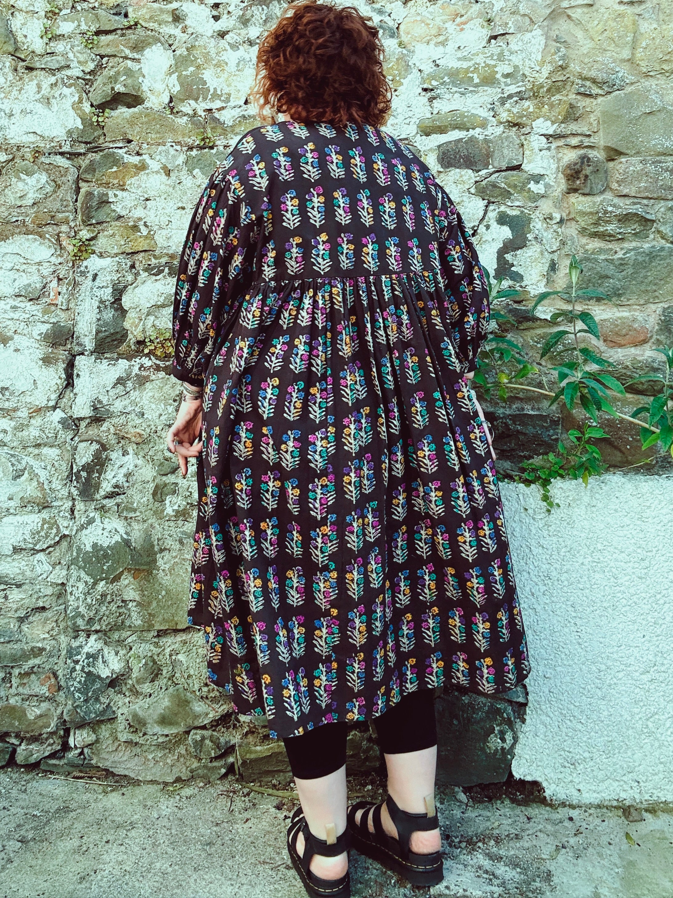 Dopamine Queen Block Print & Embroidered Smock Dress