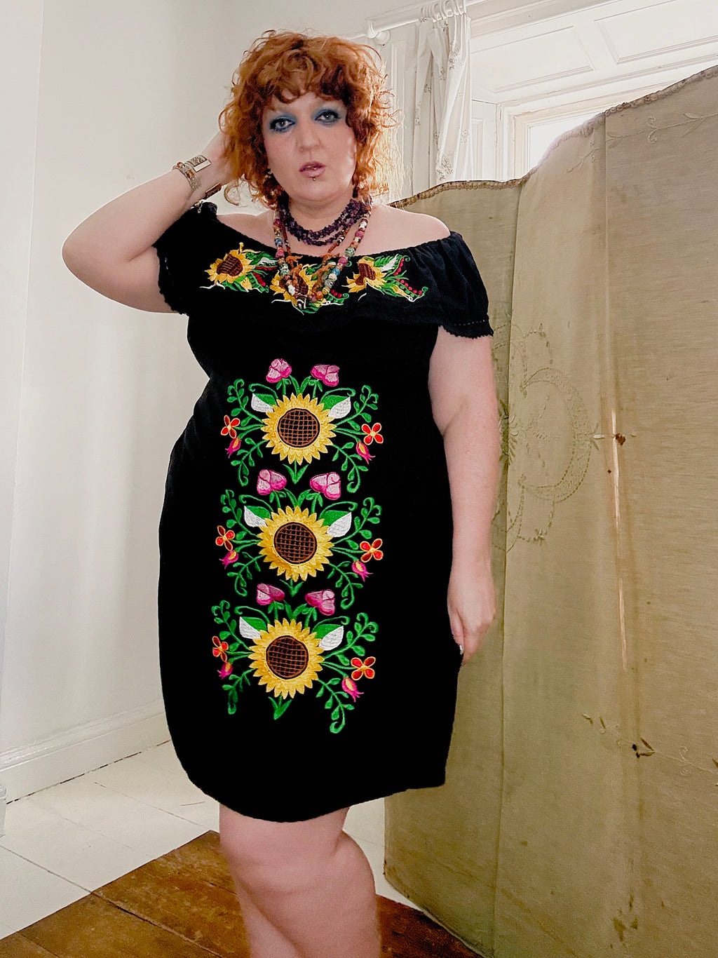 Vintage Sunflower Embroidered Mexican Dress