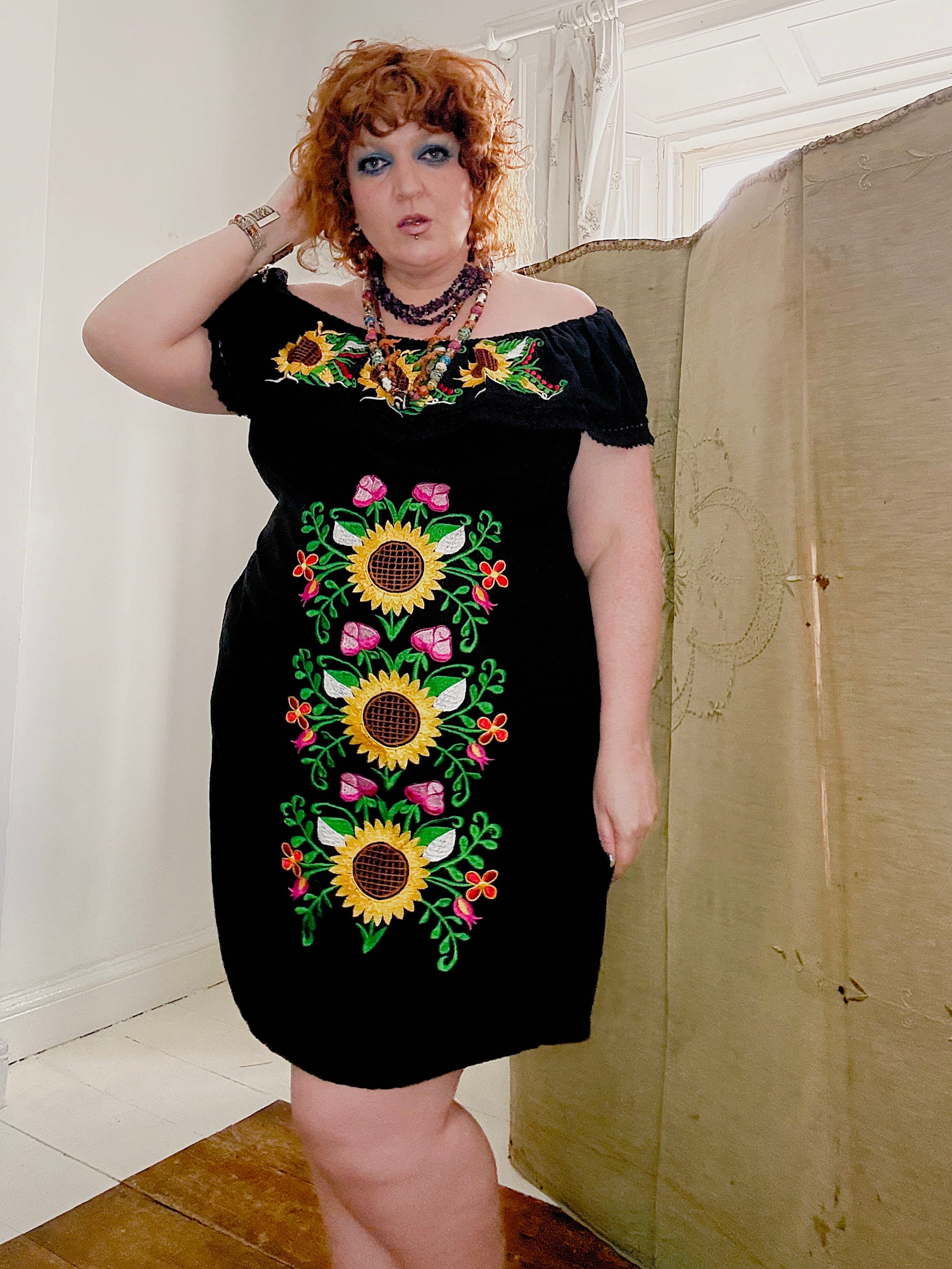Vintage Sunflower Embroidered Mexican Dress