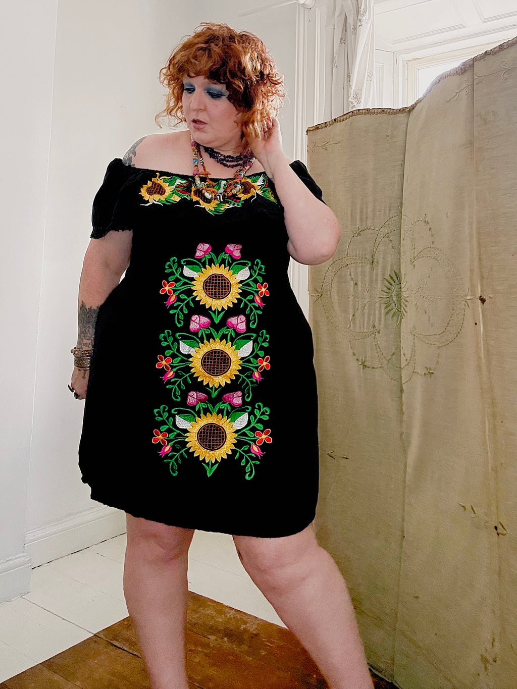 Vintage Sunflower Embroidered Mexican Dress