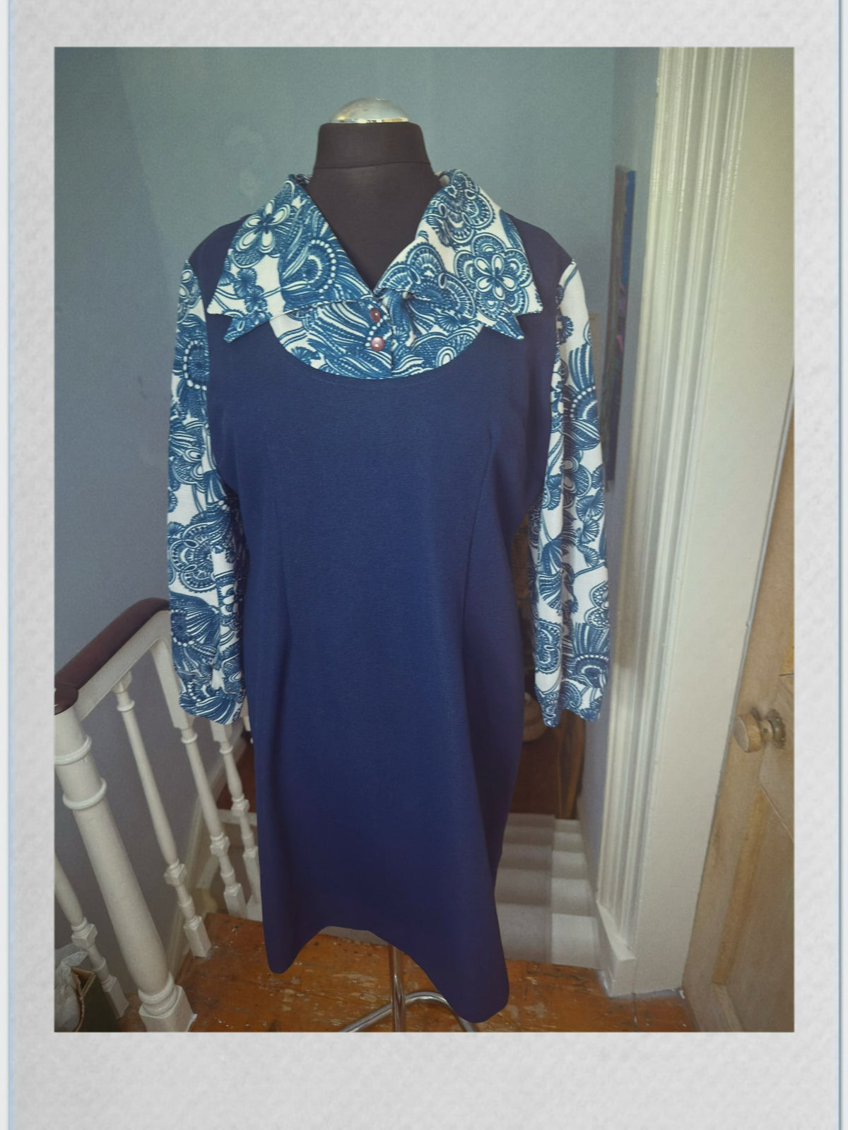 Vintage Crimplene Navy and Floral Dress