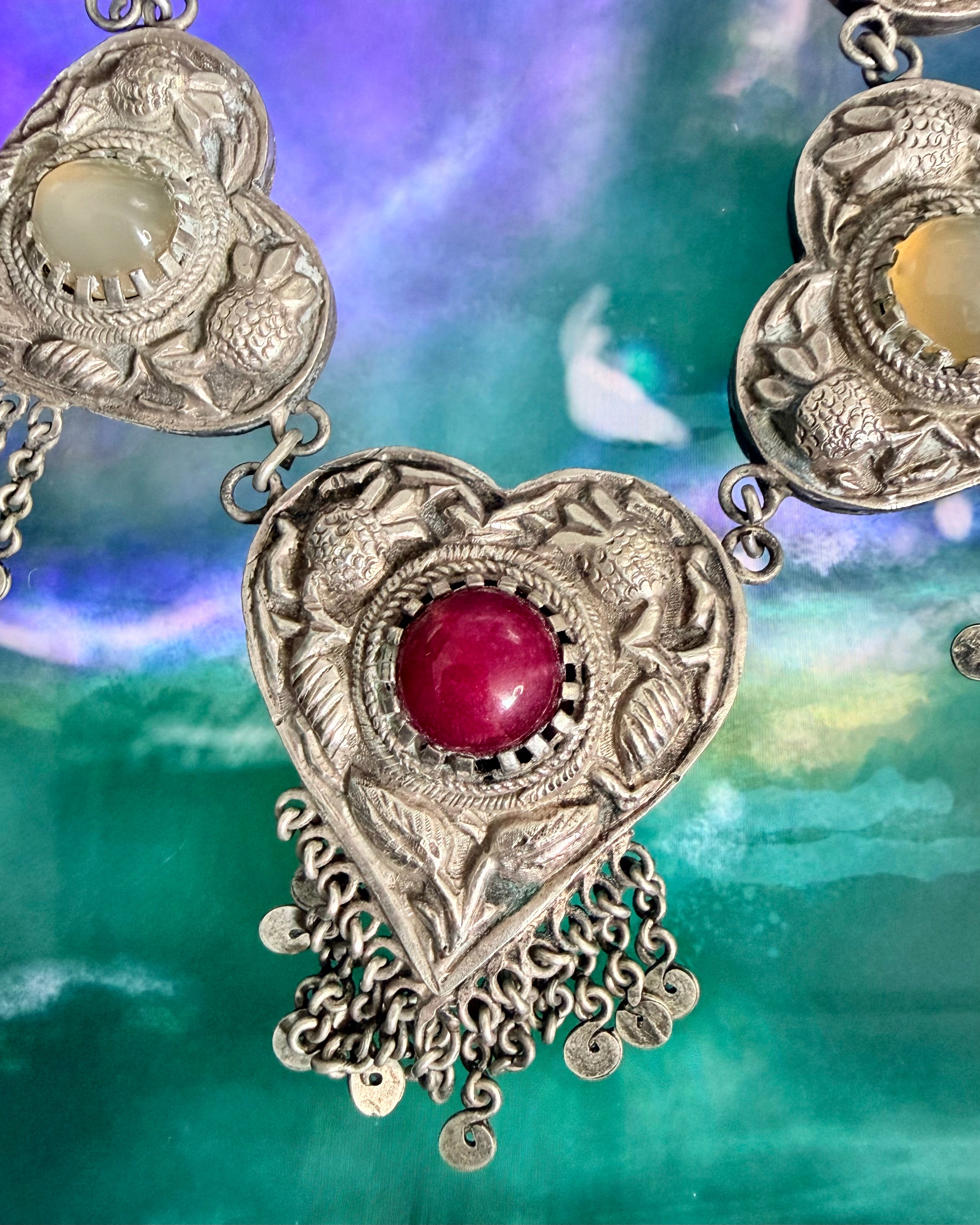 Vintage Turkmen Silver Heart Tribal Asyk Statement Necklace
