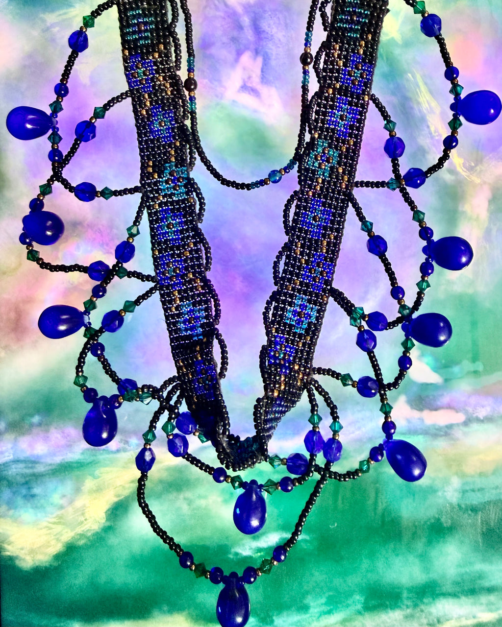 Vintage Handwoven Beadwork Statement Collar Teardrop Necklace