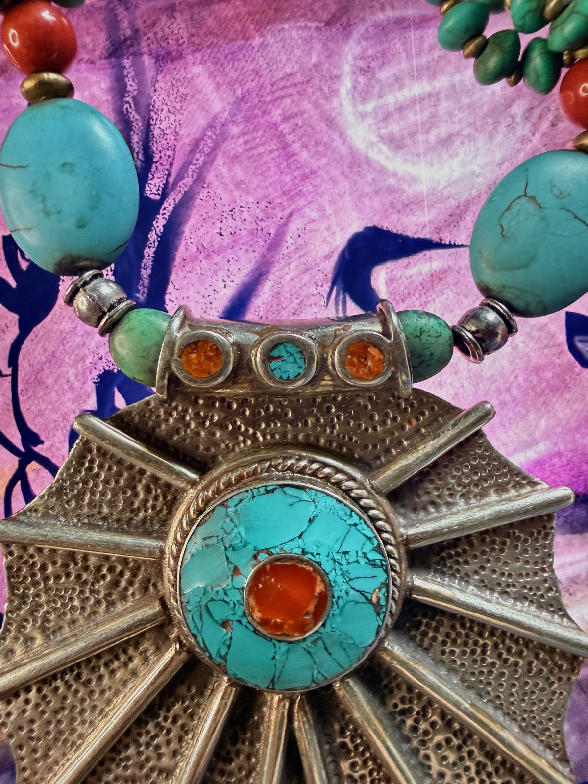 Vintage Himalayan Hand-Hammered Sunburst Necklace-Genuine Green Turquoise & Natural Coral
