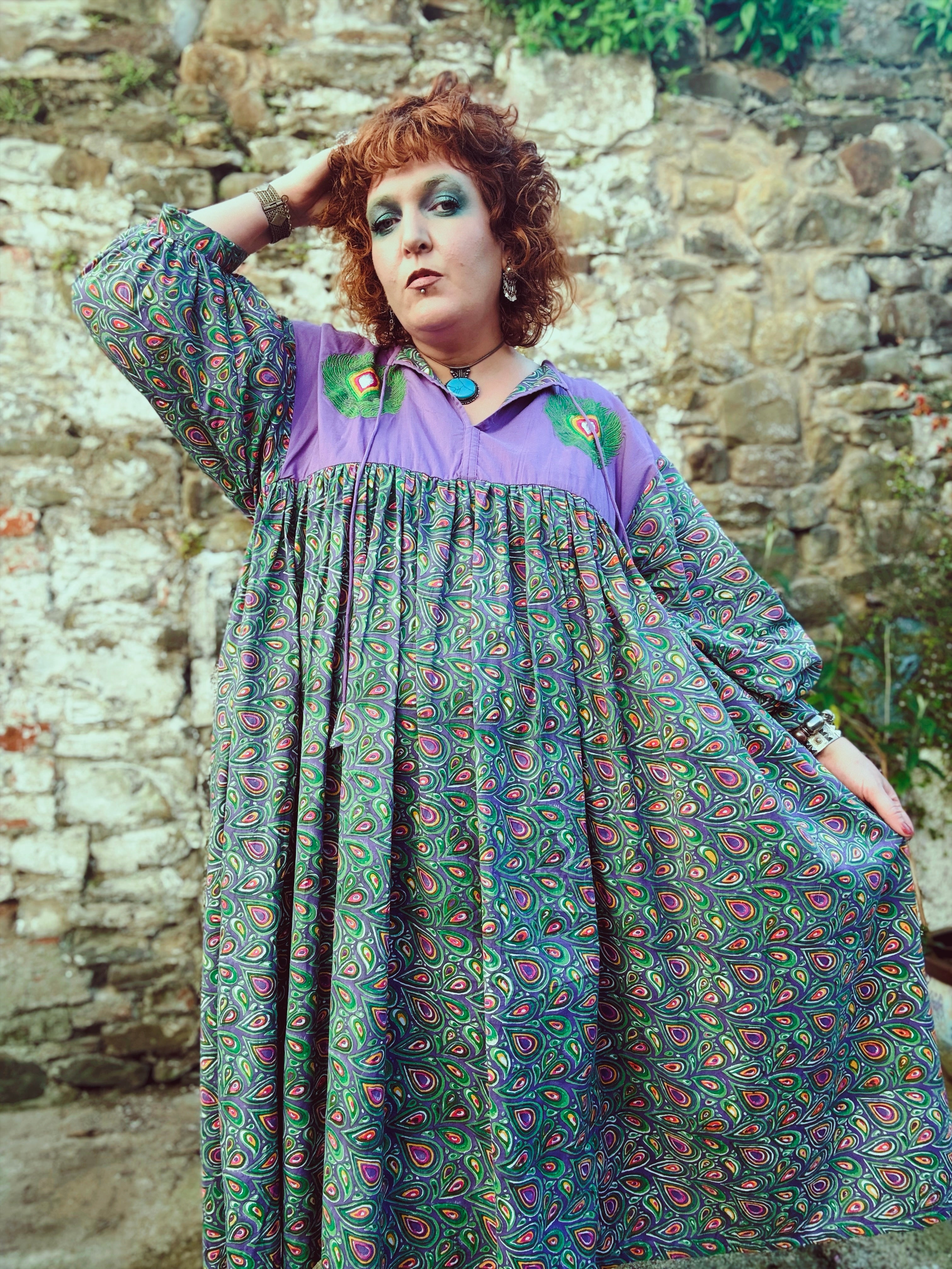 Peacock Maiden Block Print & EmbroideredSmock Dress