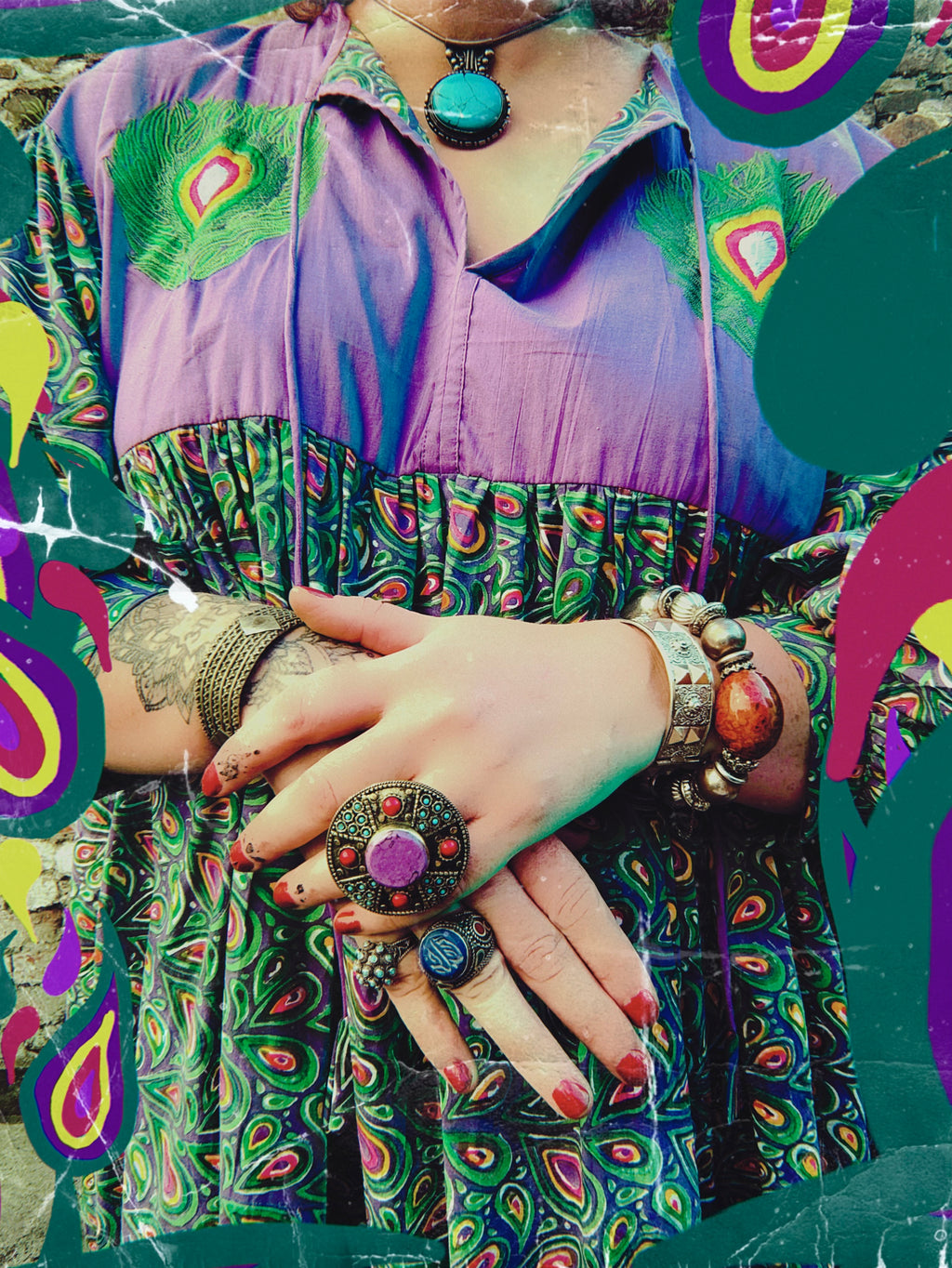 Peacock Maiden Block Print & EmbroideredSmock Dress