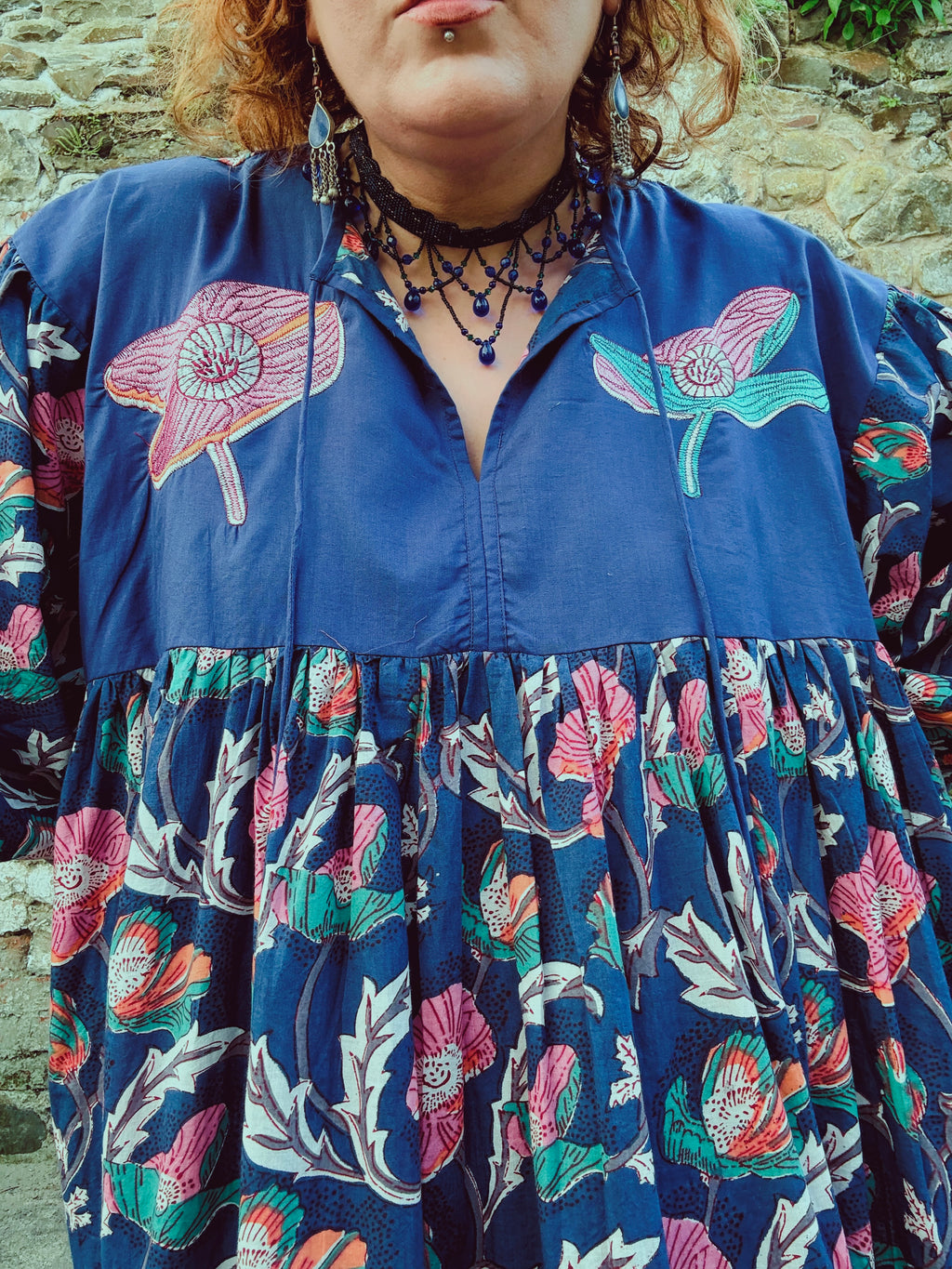 Flora Morphic Block Print & Embroidered Smock Dress