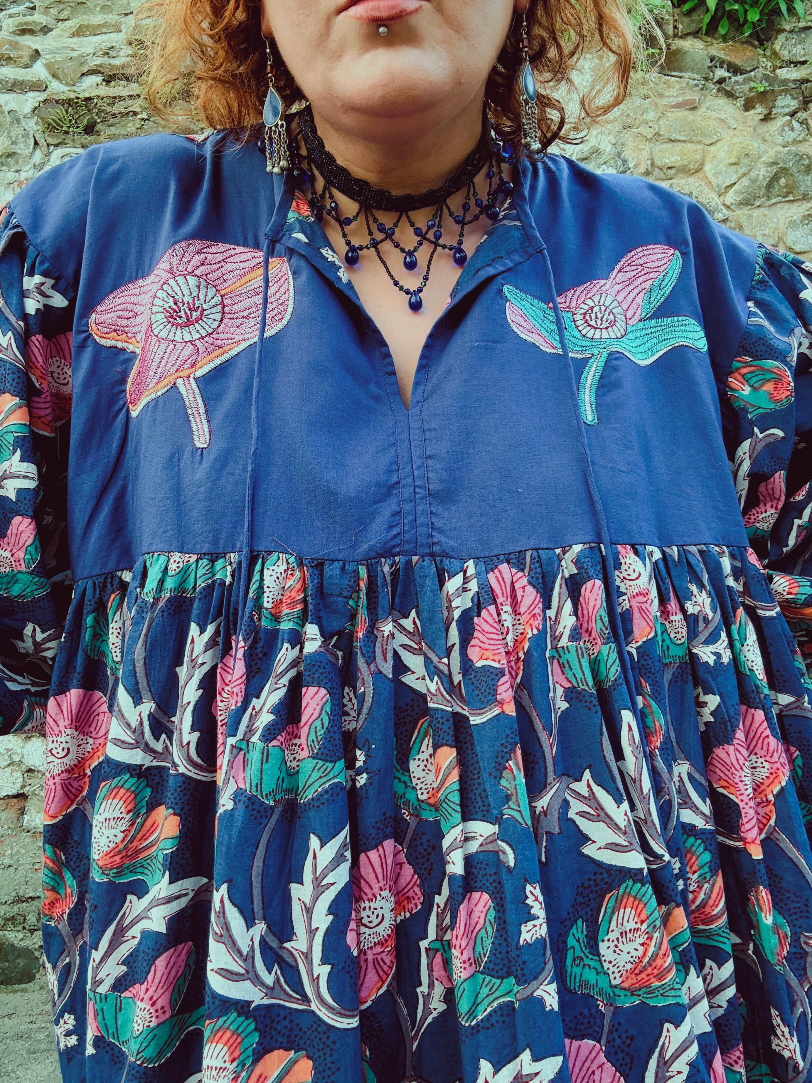 Flora Morphic Block Print & Embroidered Smock Dress