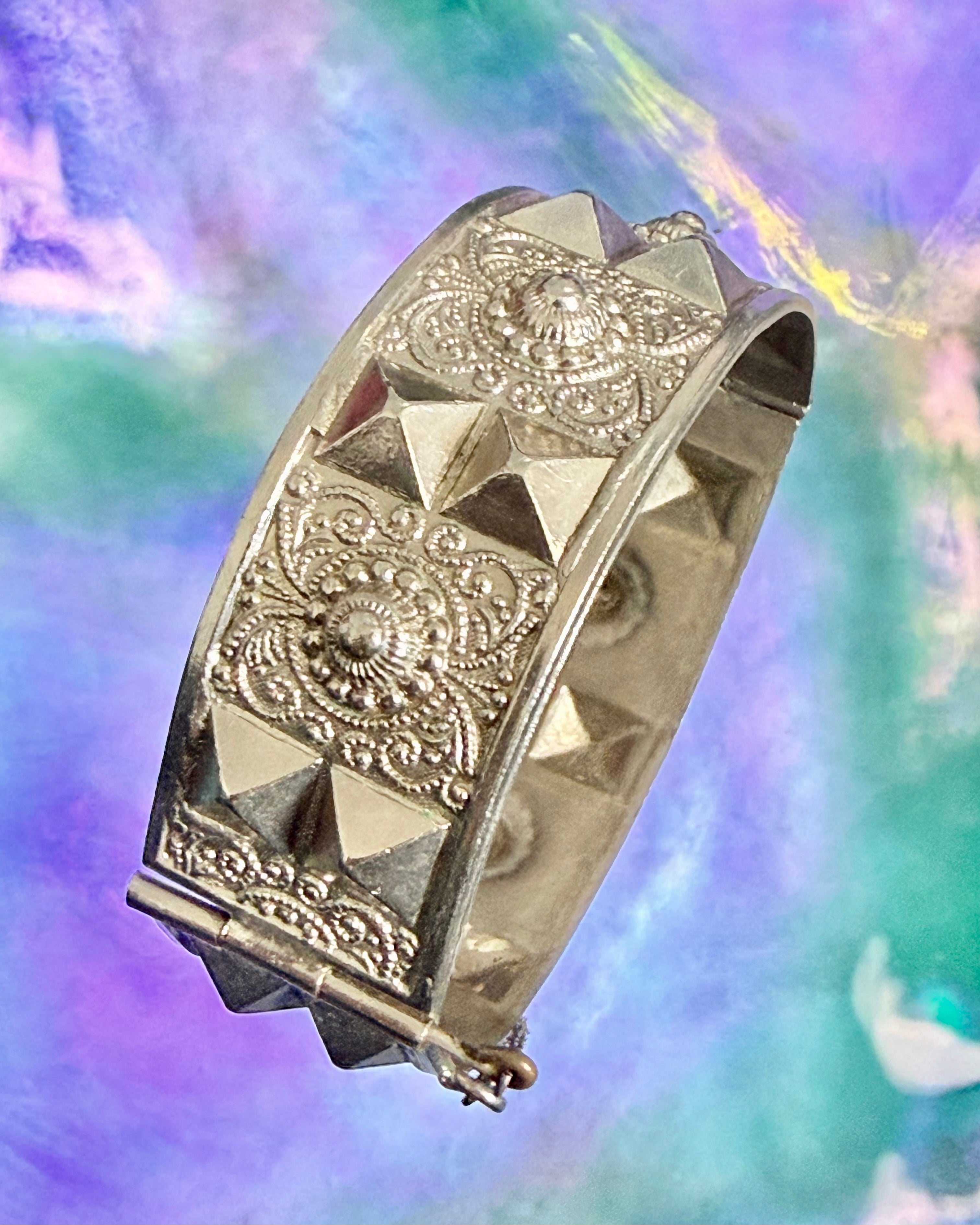 Vintage Ornate Silver Metal Panel Cuff Bracelet