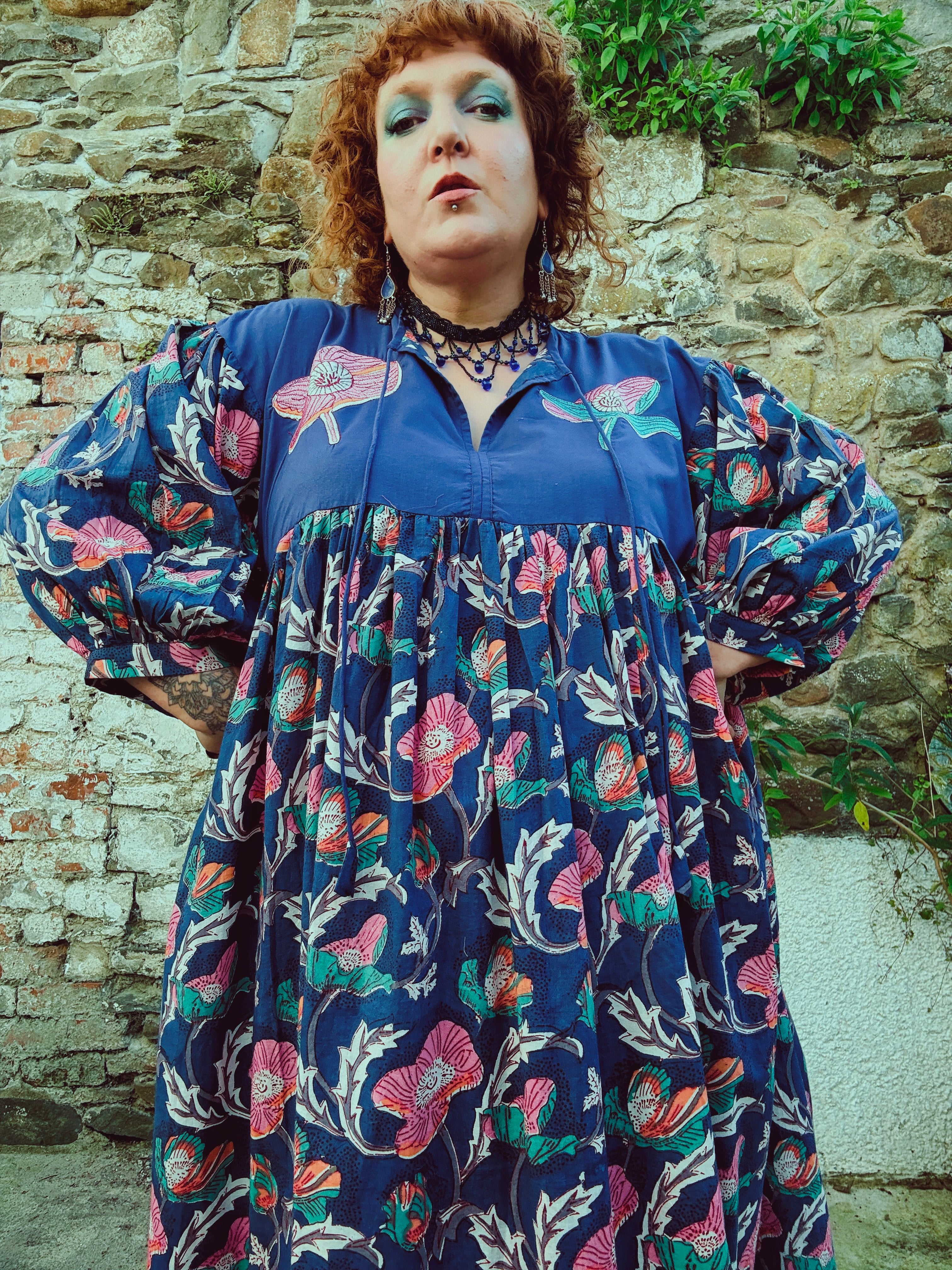 Flora Morphic Block Print & Embroidered Smock Dress