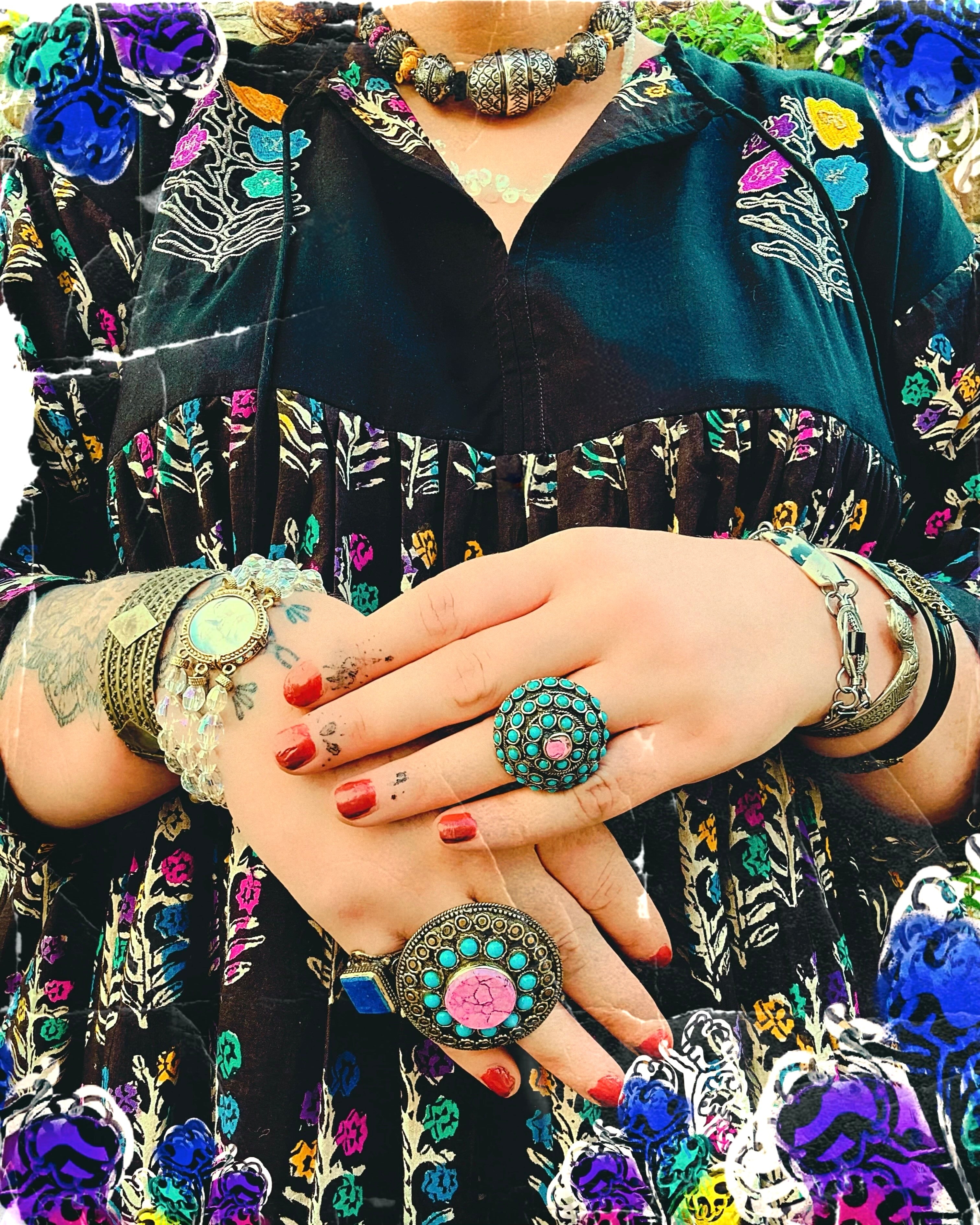 Dopamine Queen Block Print & Embroidered Smock Dress