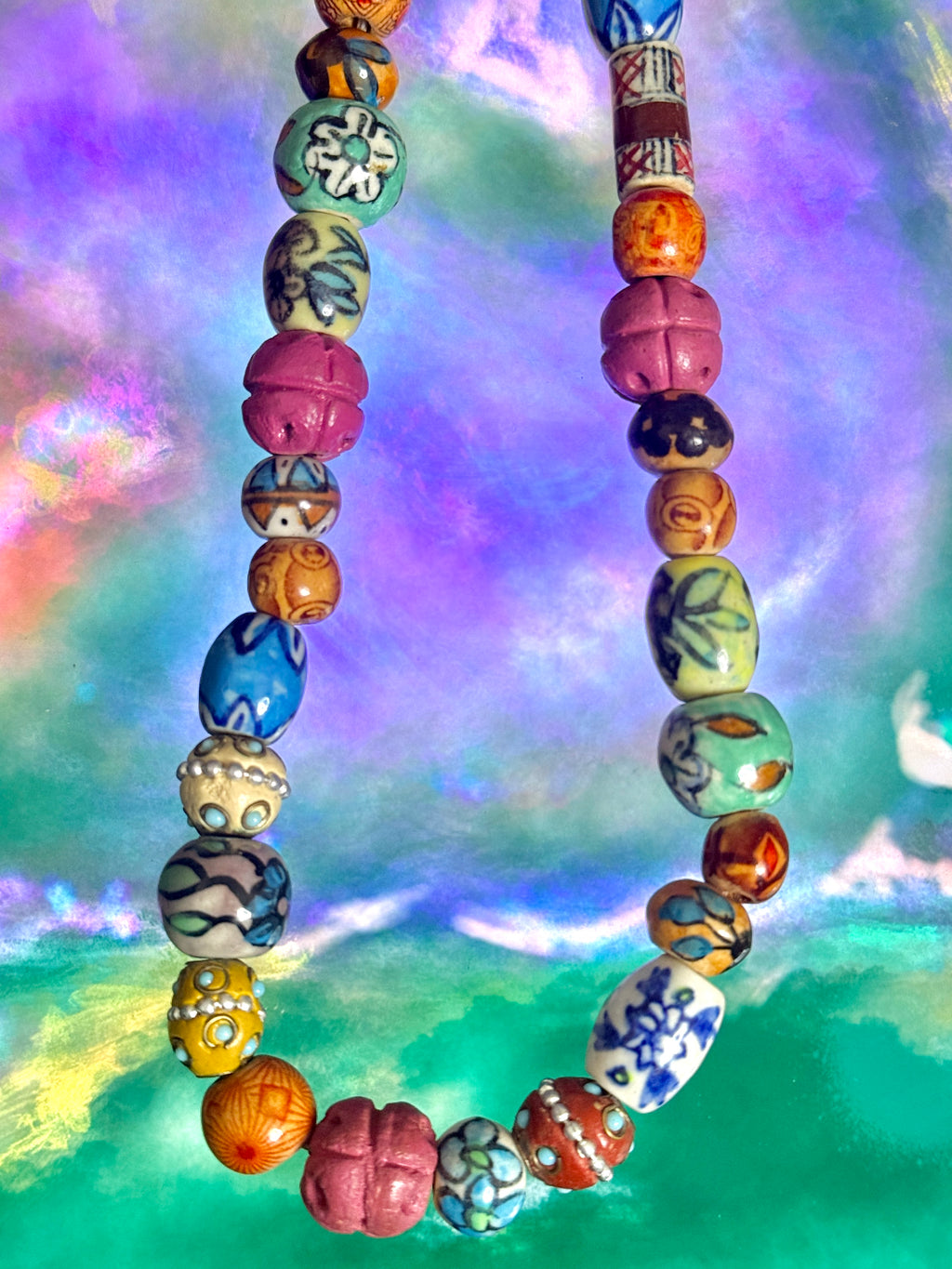 Vibrant HandPainted Ceramic & Wood Bead Statement Necklace