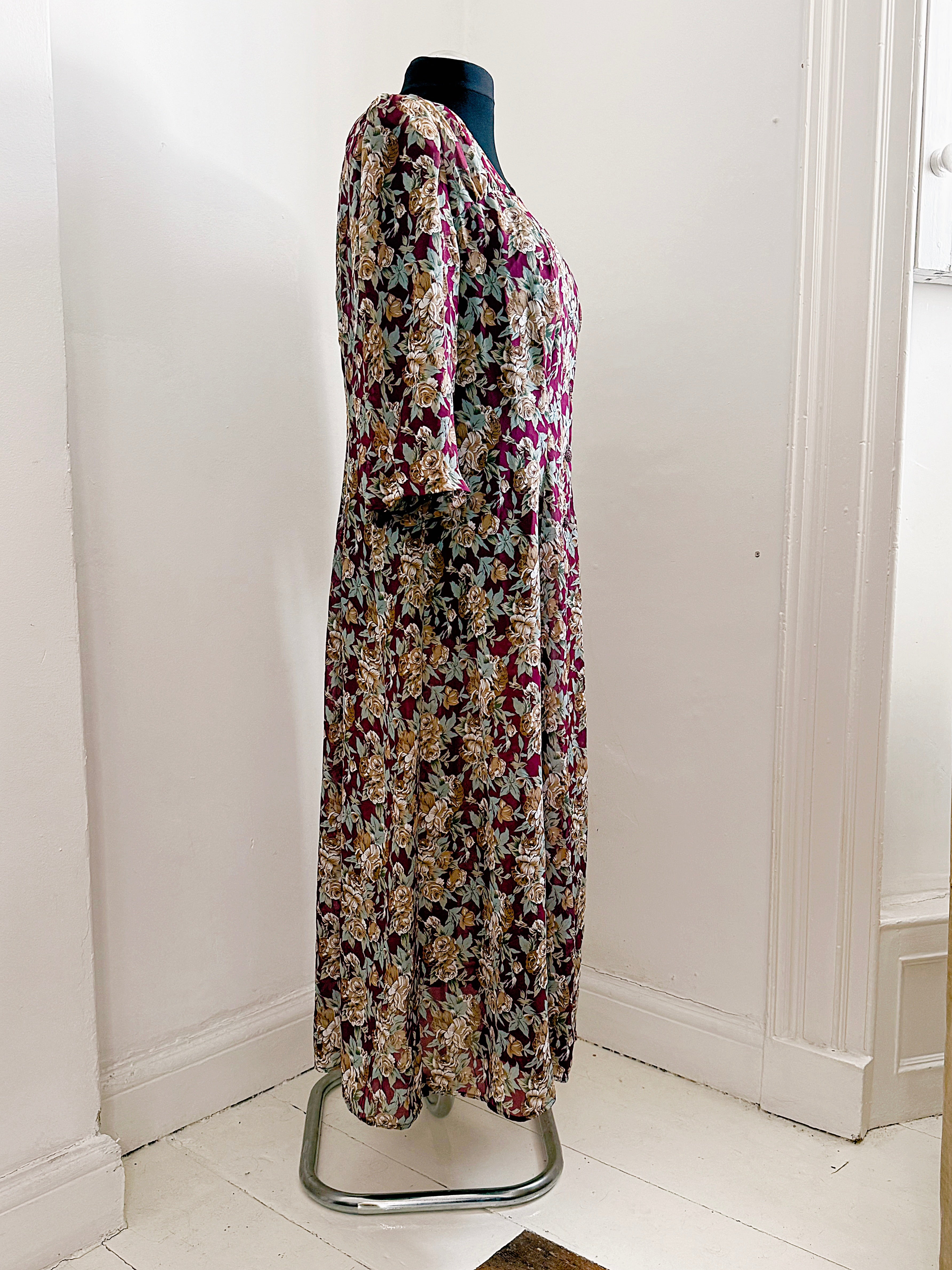 80s Floral Semi Sheer Button Up Dress