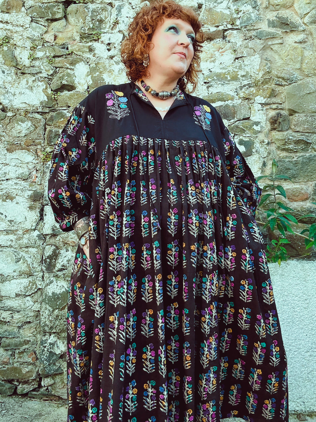 Dopamine Queen Block Print & Embroidered Smock Dress