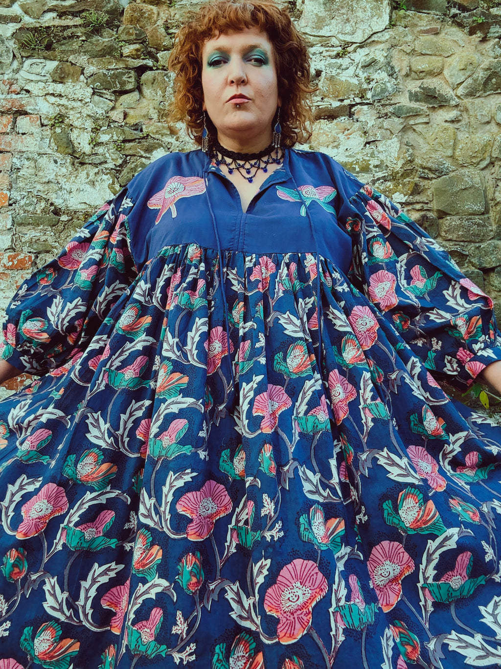 Flora Morphic Block Print & Embroidered Smock Dress