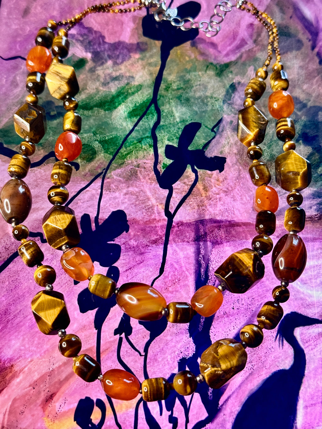 Vintage 90’s Tiger’s Eye,Carnelian & Sterling Silver Statement Necklace