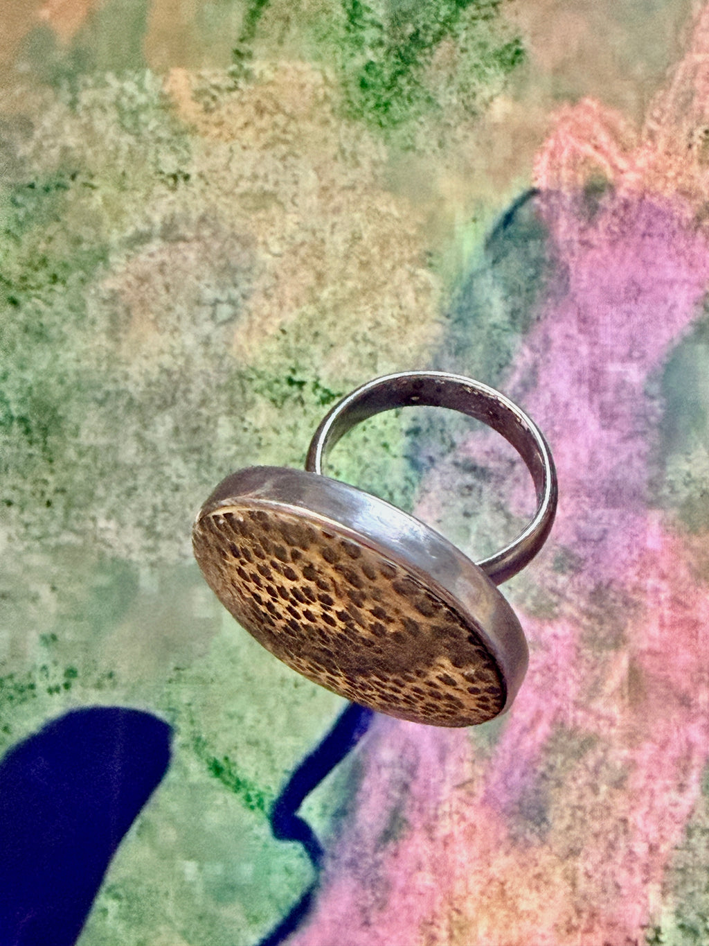 Vintage Sterling Silver & Exotic Leopardwood Statement Ring -Uk Size K (7.92g)