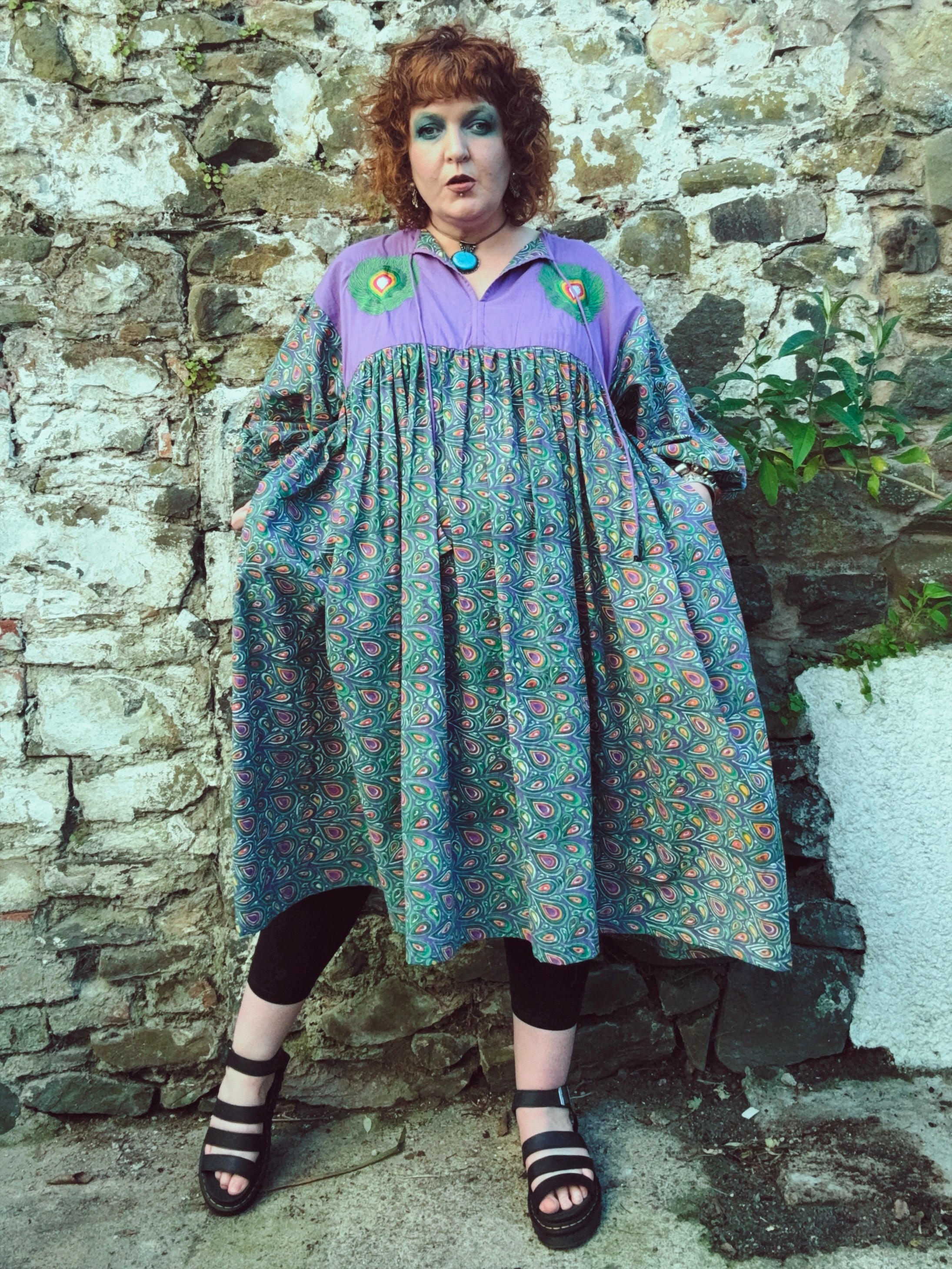 Peacock Maiden Block Print & EmbroideredSmock Dress