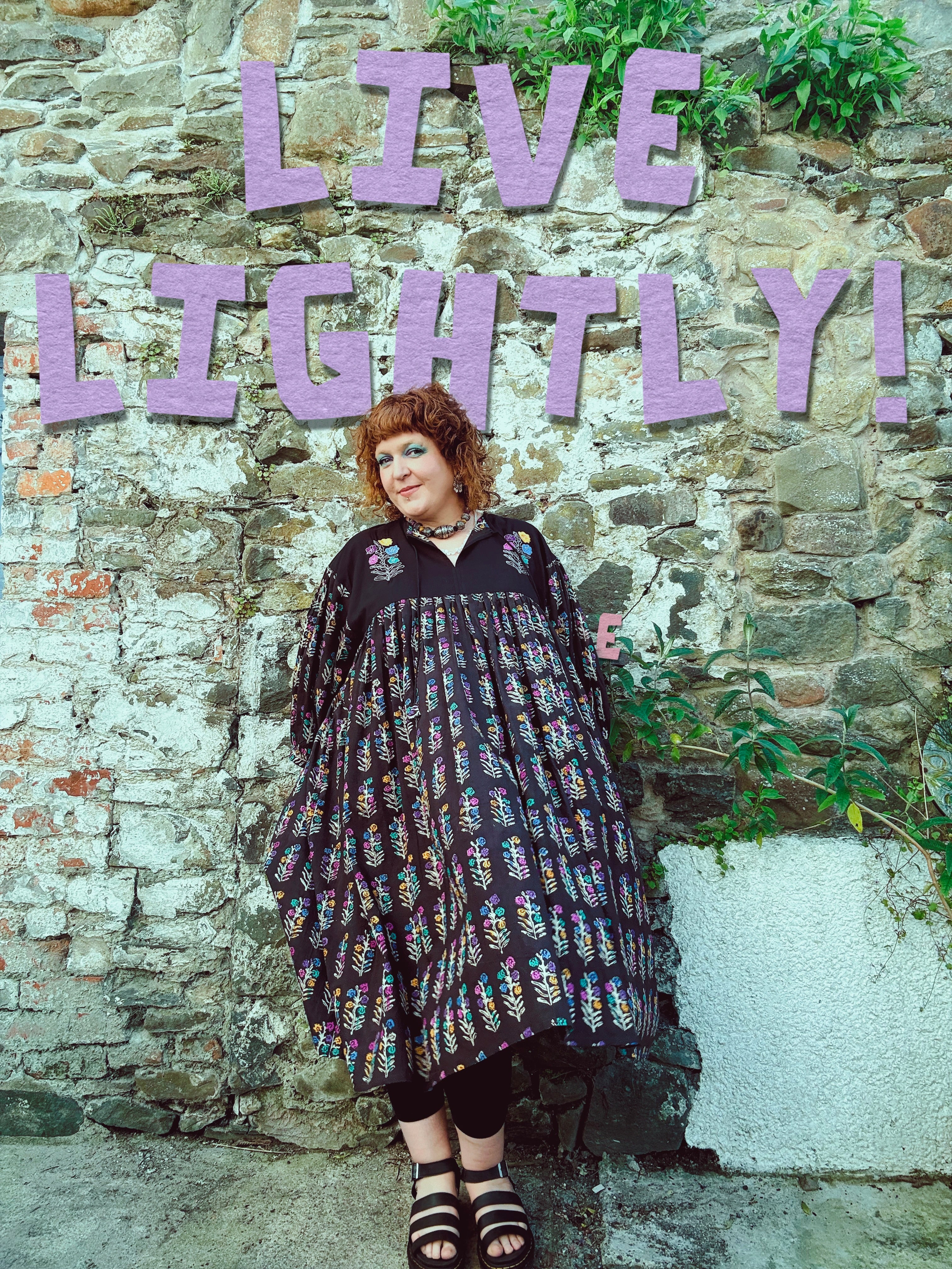 Dopamine Queen Block Print & Embroidered Smock Dress
