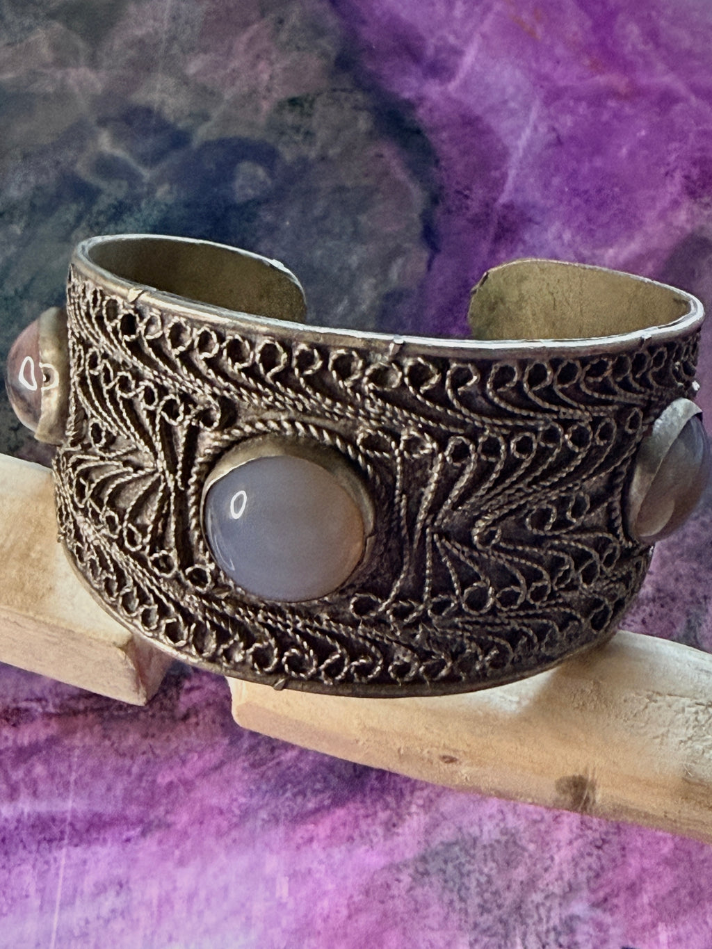 Vintage Yemeni Filigree Cuff Bracelet with Agate Stones