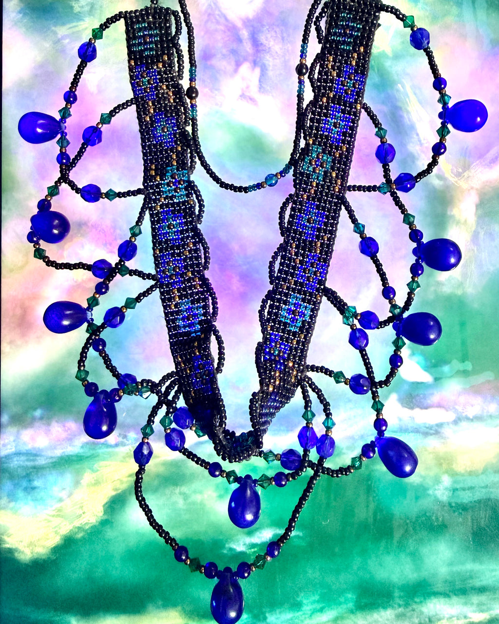 Vintage Handwoven Beadwork Statement Collar Teardrop Necklace