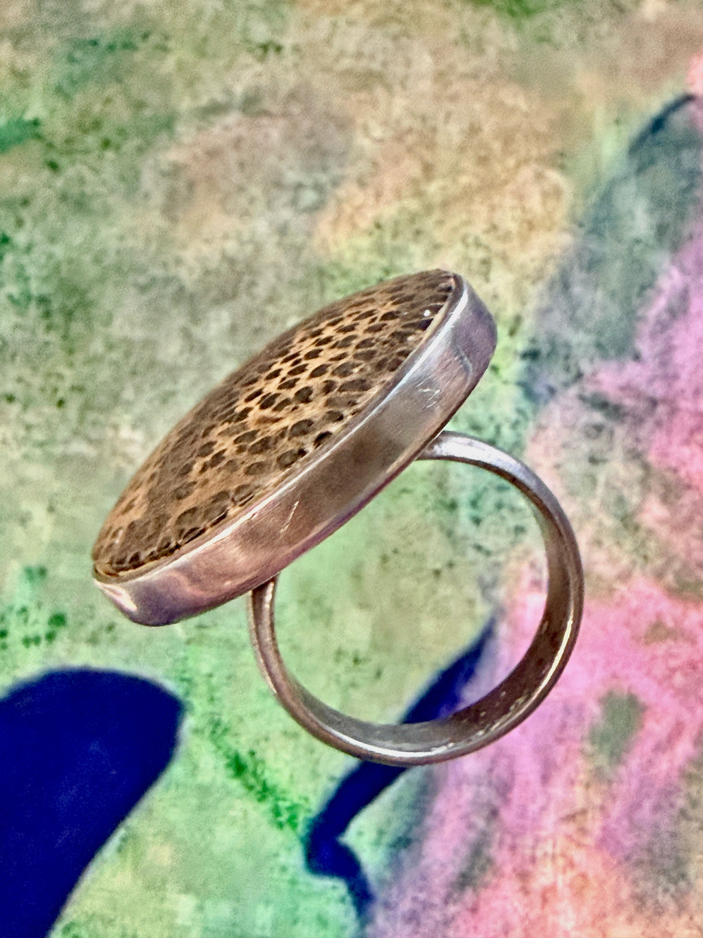 Vintage Sterling Silver & Exotic Leopardwood Statement Ring -Uk Size K (7.92g)