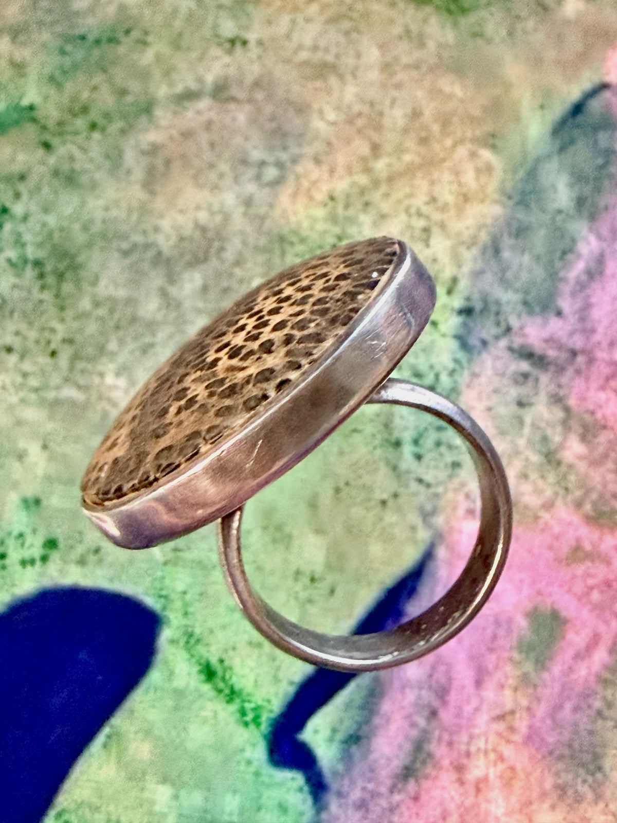 Vintage Sterling Silver & Exotic Leopardwood Statement Ring -Uk Size K (7.92g)