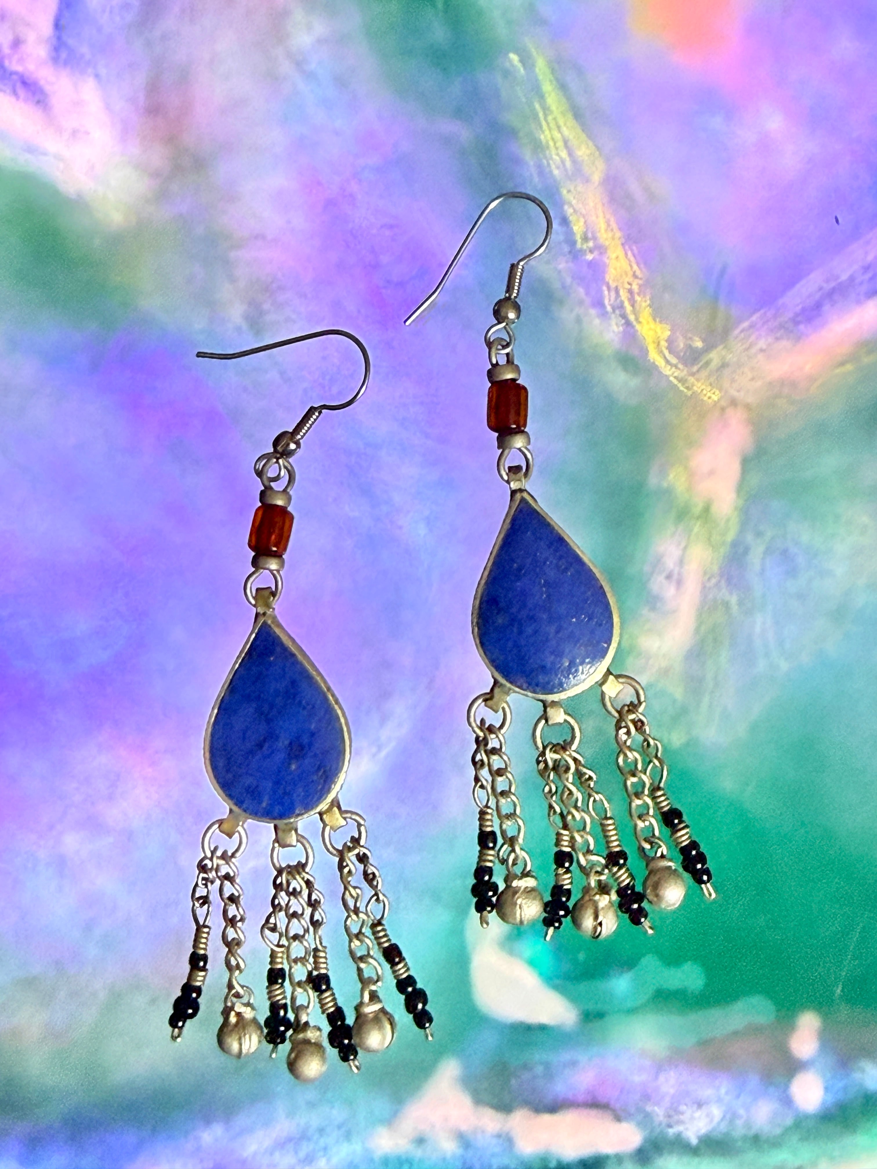 Vintage Tribal Lapis Lazuli Teardrop Earrings