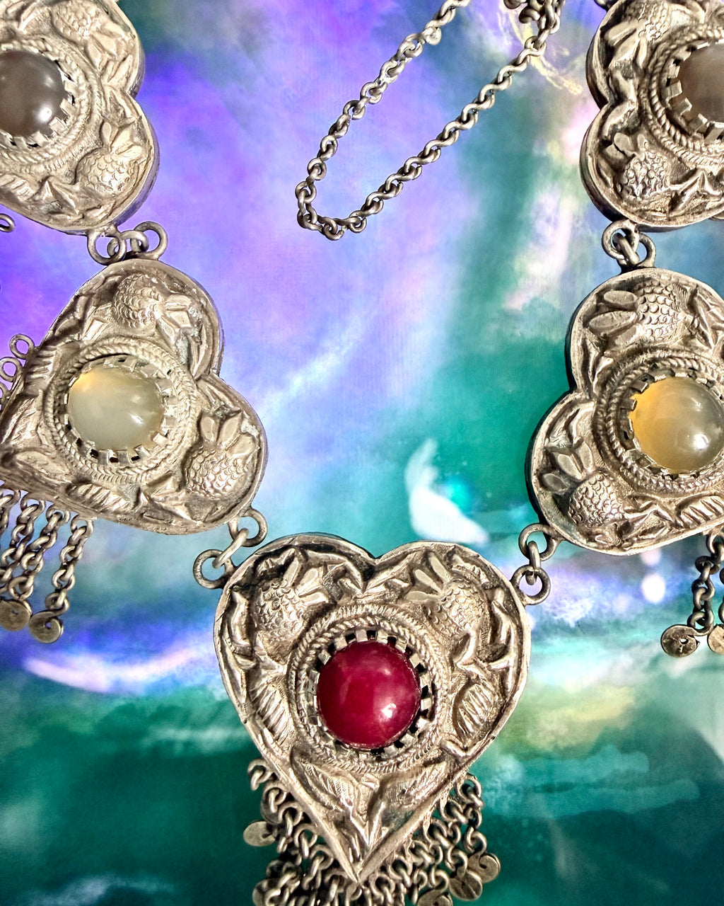 Vintage Turkmen Silver Heart Tribal Asyk Statement Necklace