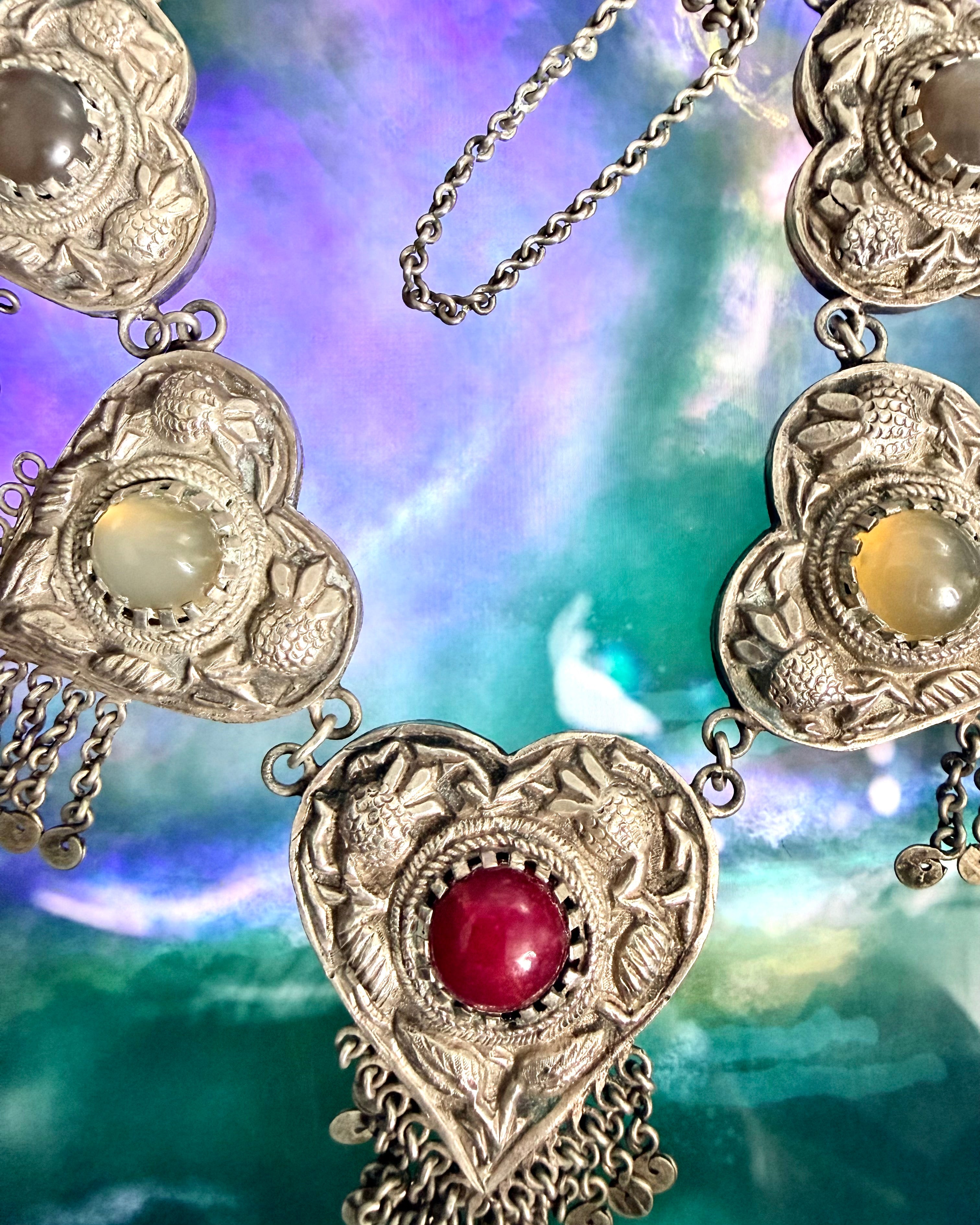 Vintage Turkmen Silver Heart Tribal Asyk Statement Necklace
