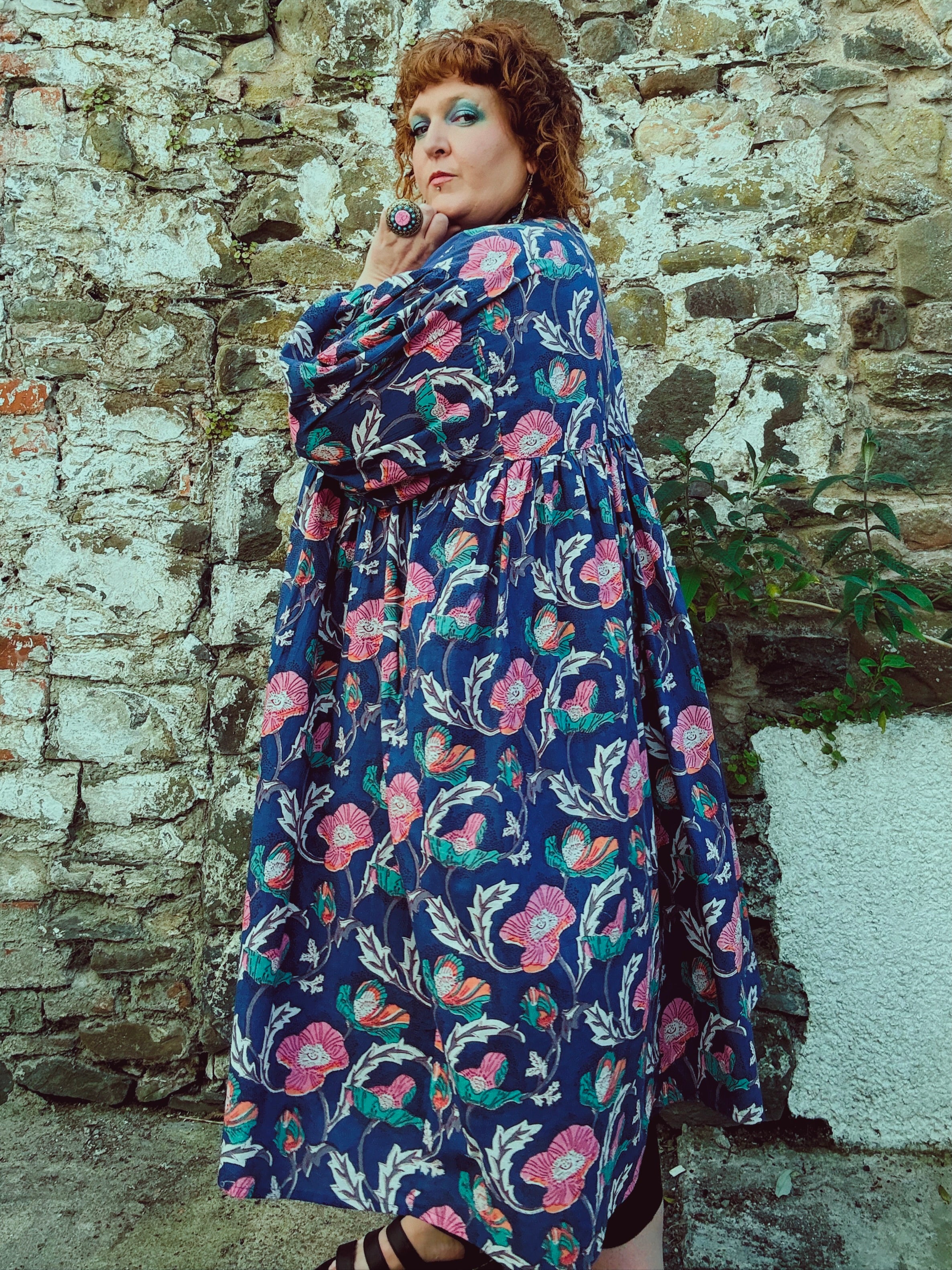 Flora Morphic Block Print & Embroidered Smock Dress