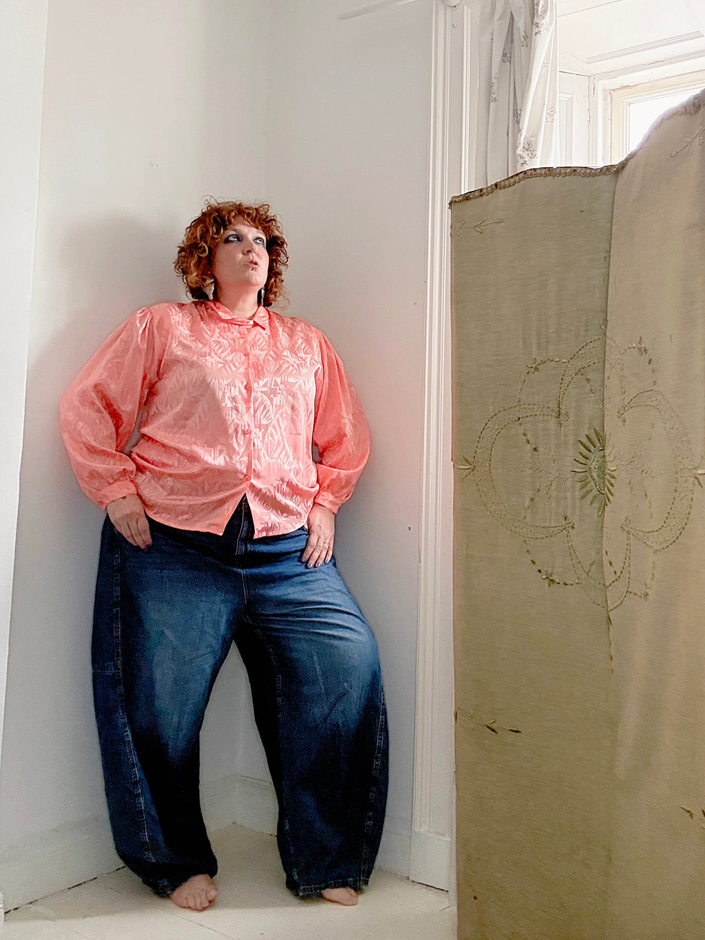 80’s satin peach blouse