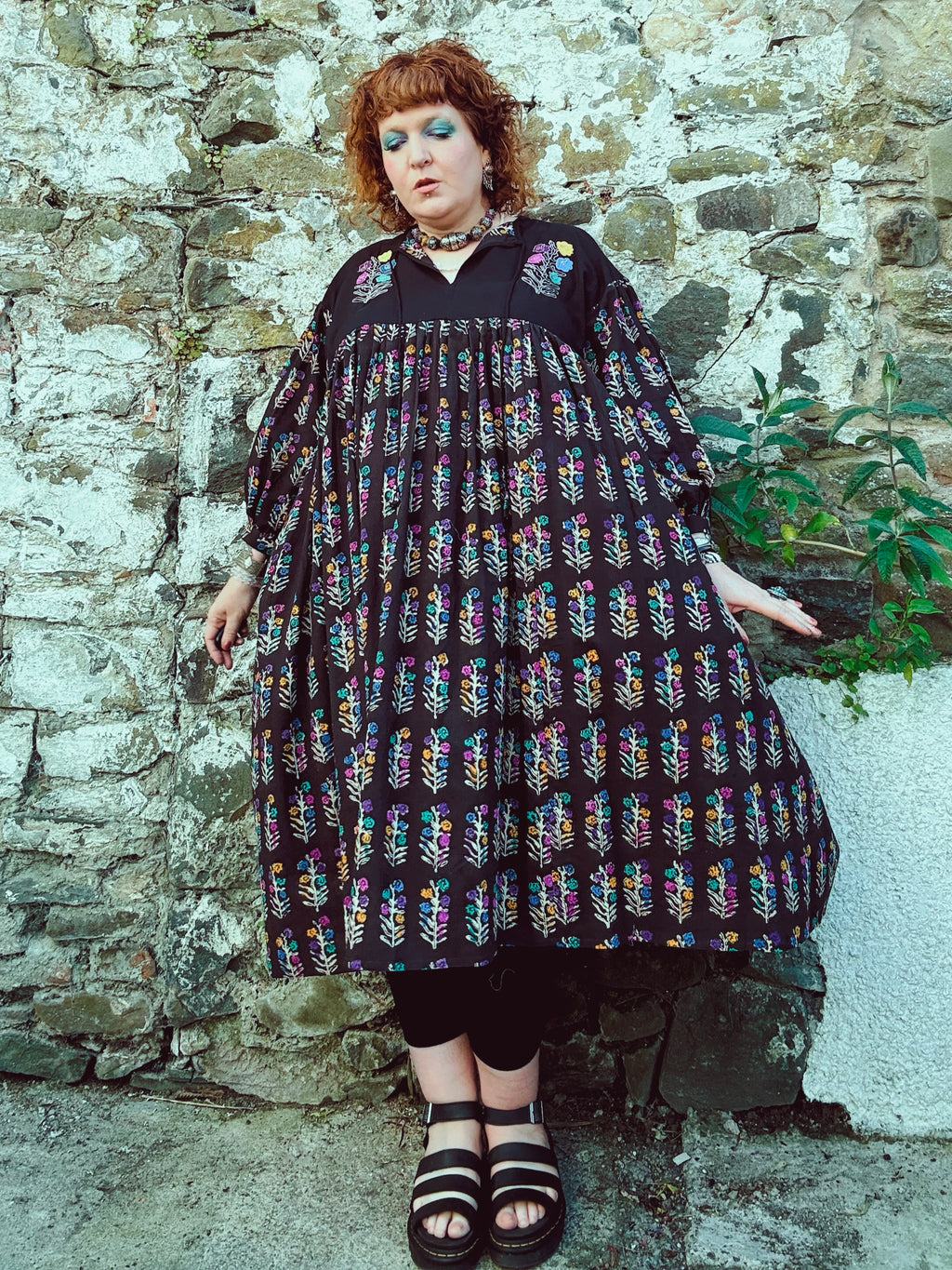 Dopamine Queen Block Print & Embroidered Smock Dress
