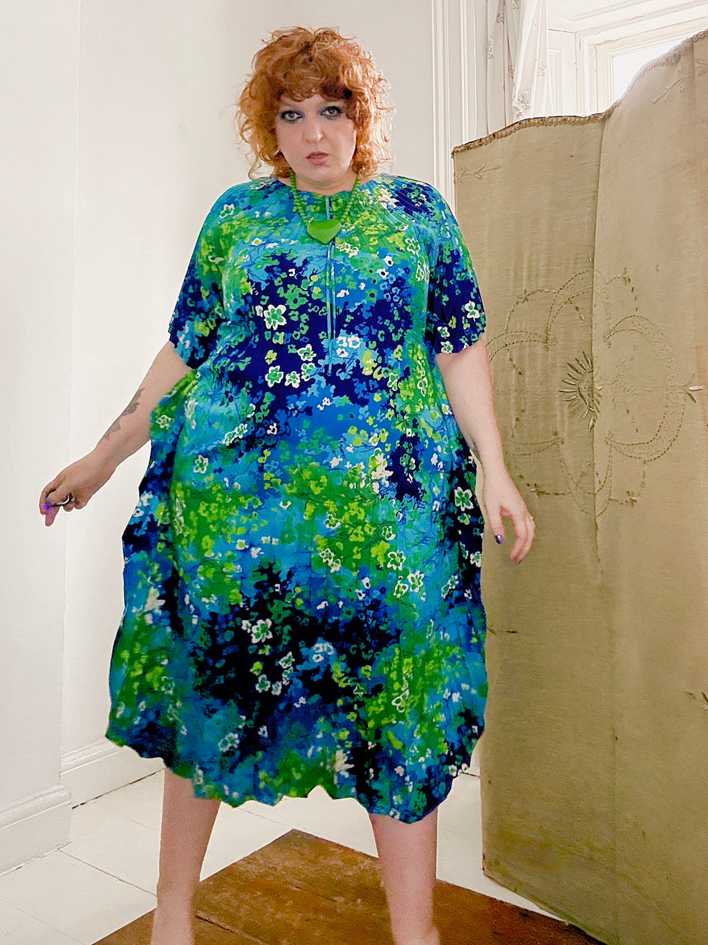Vintage Floral PsychedelicPleated Kaftan