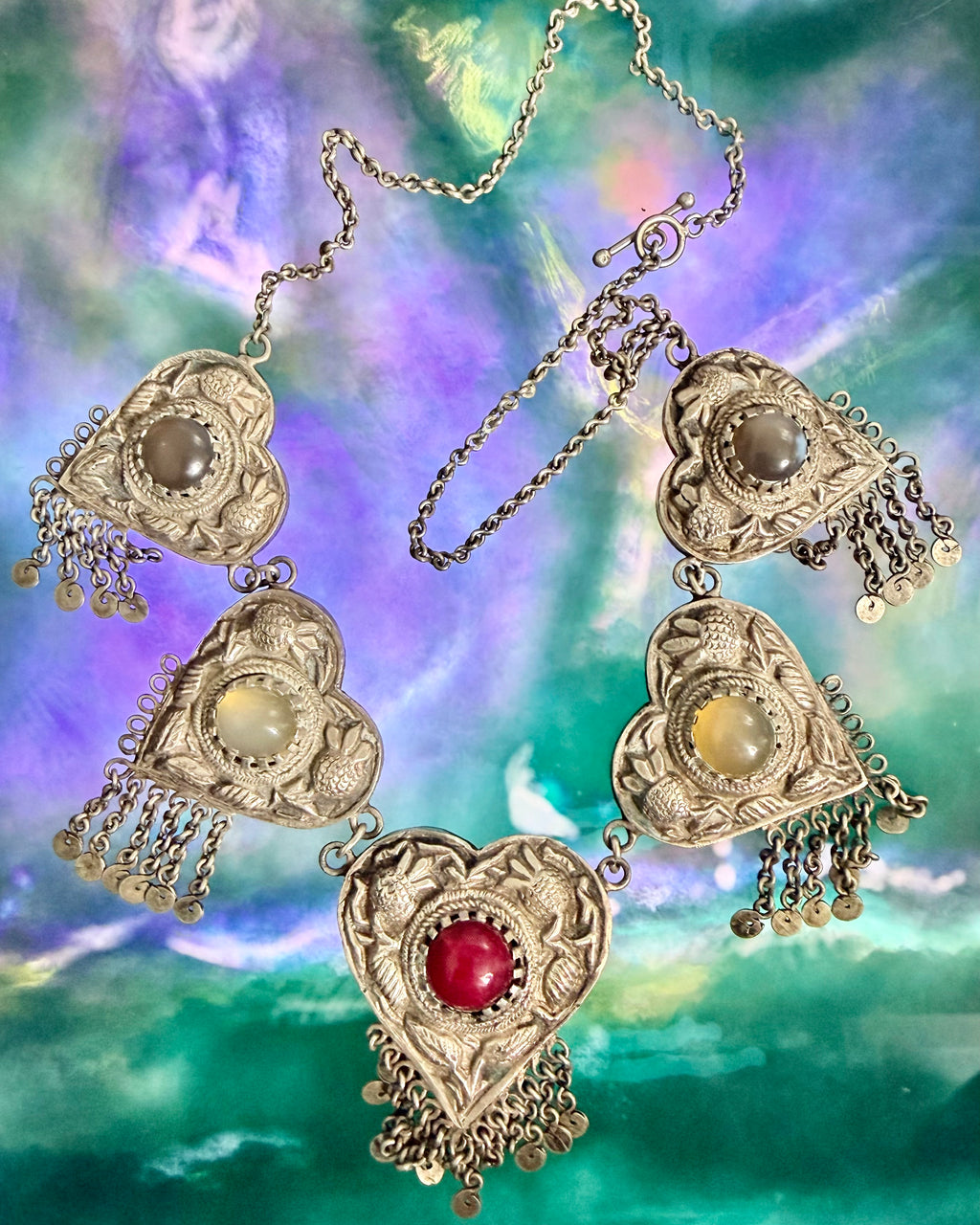 Vintage Turkmen Silver Heart Tribal Asyk Statement Necklace