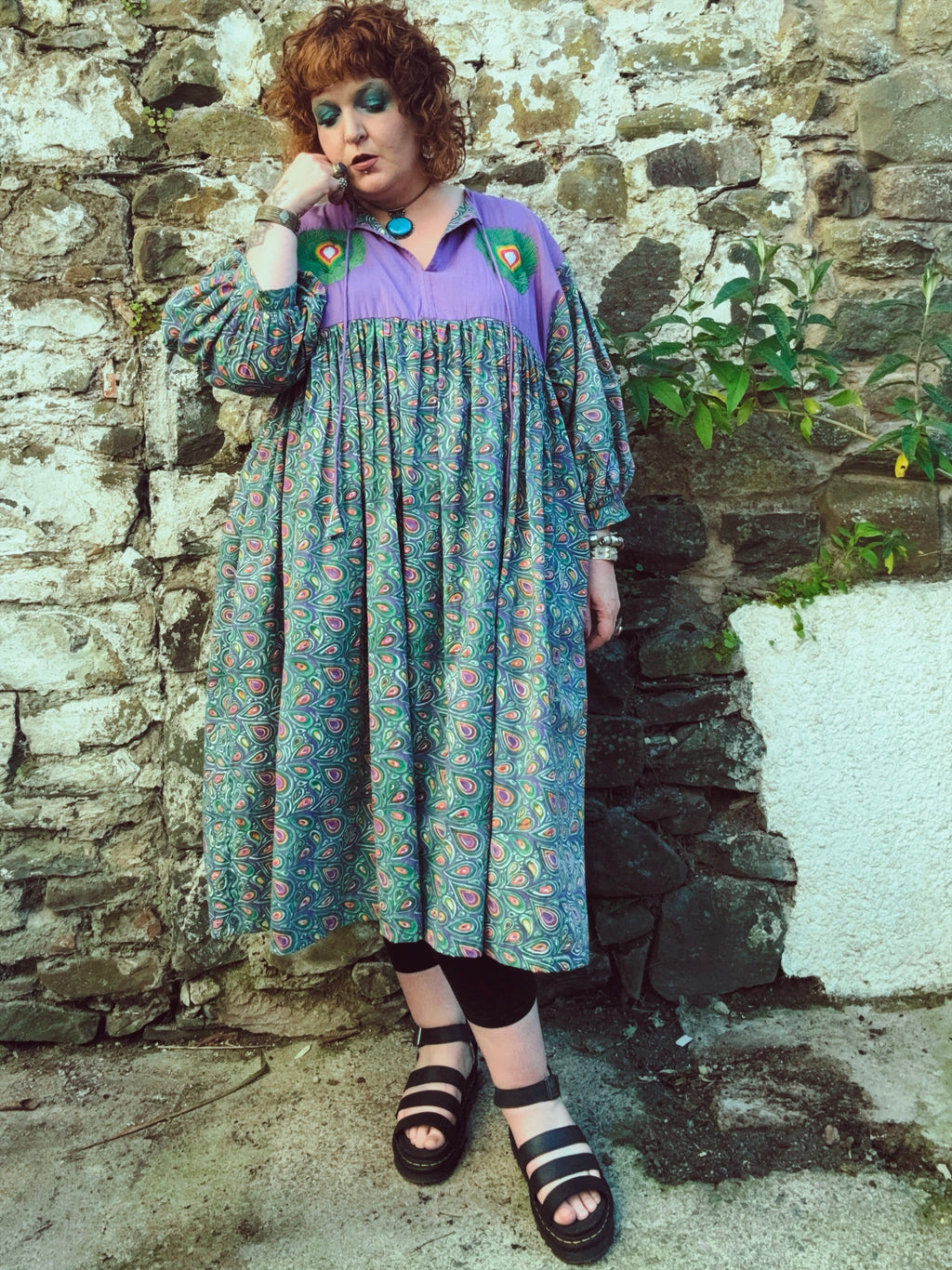 Peacock Maiden Block Print & EmbroideredSmock Dress