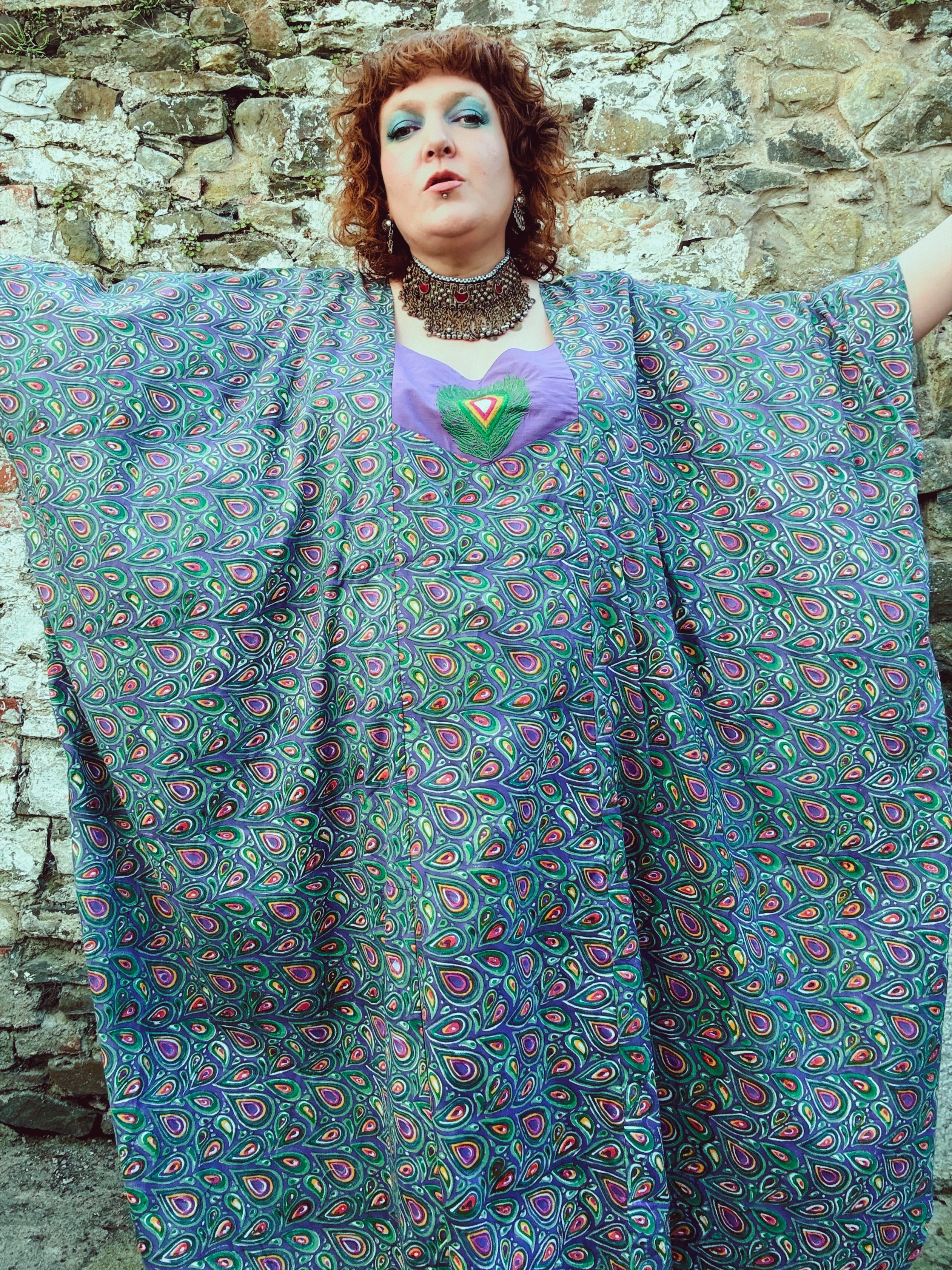 Peacock Maiden Block Print & Embroidered Kaftan