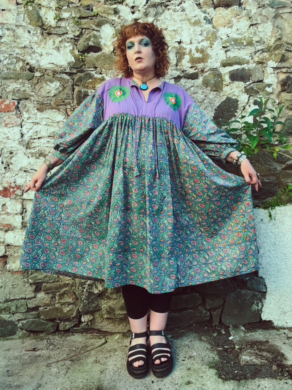 Peacock Maiden Block Print & EmbroideredSmock Dress