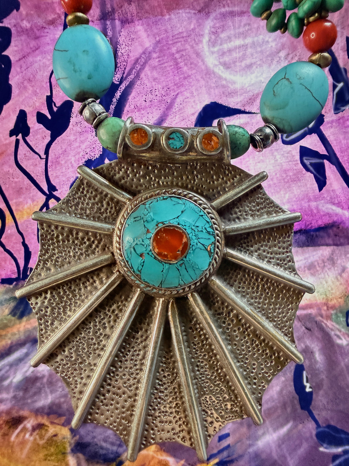 Vintage Himalayan Hand-Hammered Sunburst Necklace-Genuine Green Turquoise & Natural Coral