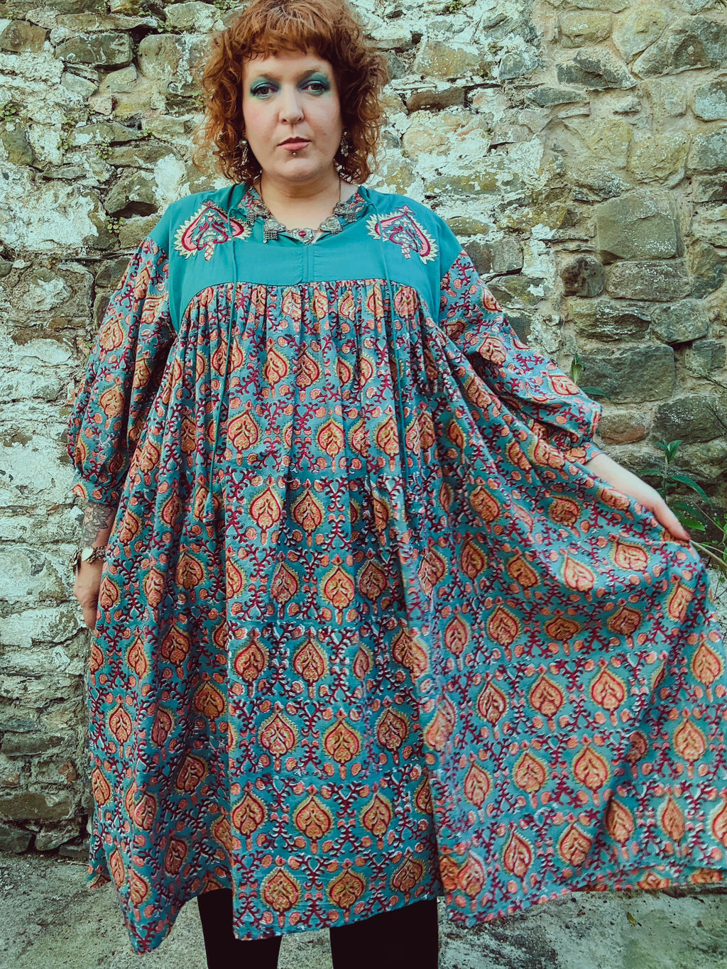 Heart Crafter Block Print & Embroidered Smock Dress