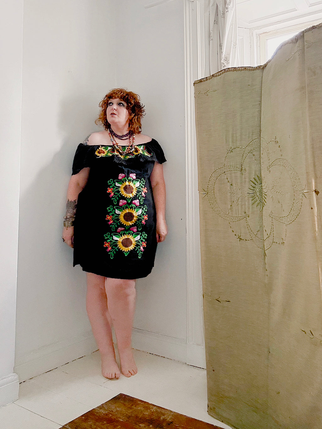 Vintage Sunflower Embroidered Mexican Dress