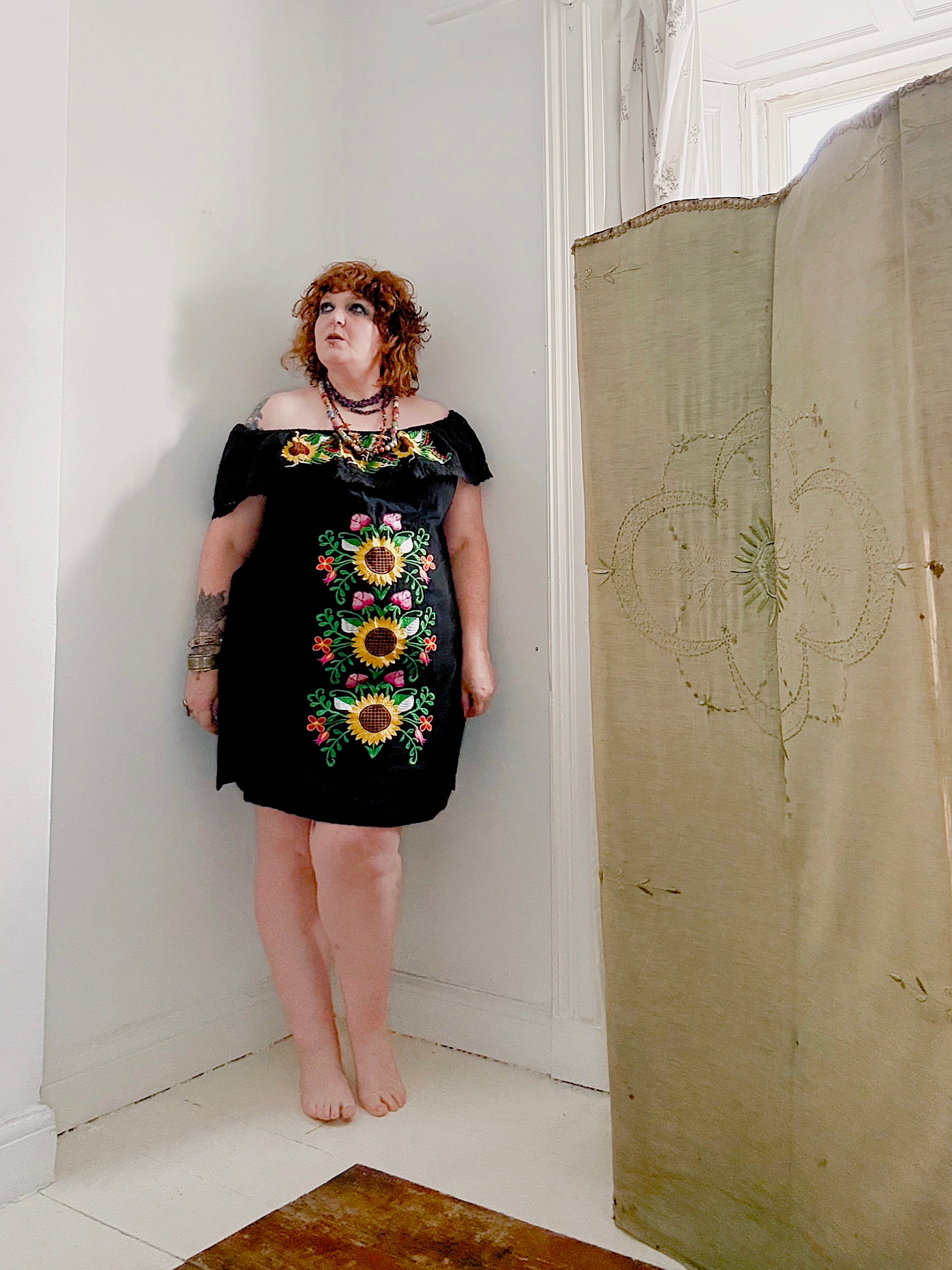 Vintage Sunflower Embroidered Mexican Dress